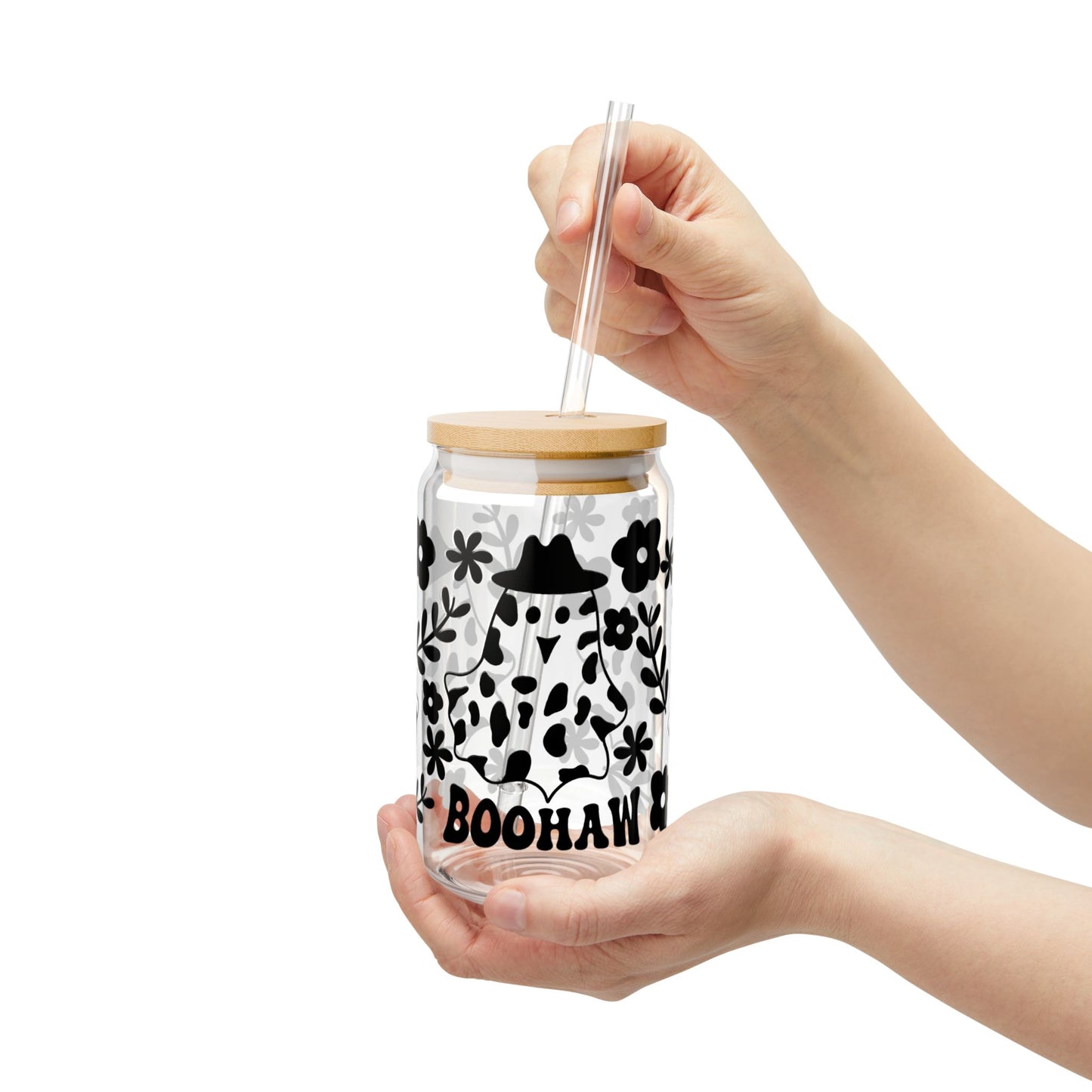 Boohaw Cow Skull 16oz Glass Sipper — Halloween Western Floral