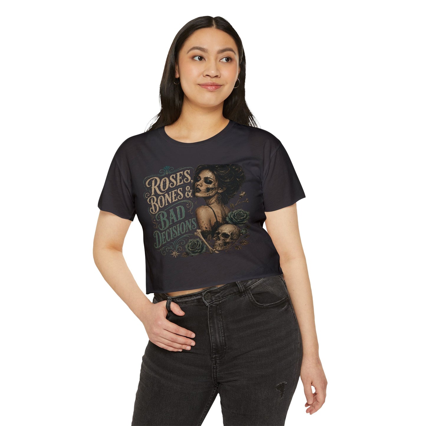 Roses Bones & Bad Decisions Crop Top — Gothic Skull Floral Festival Tee I