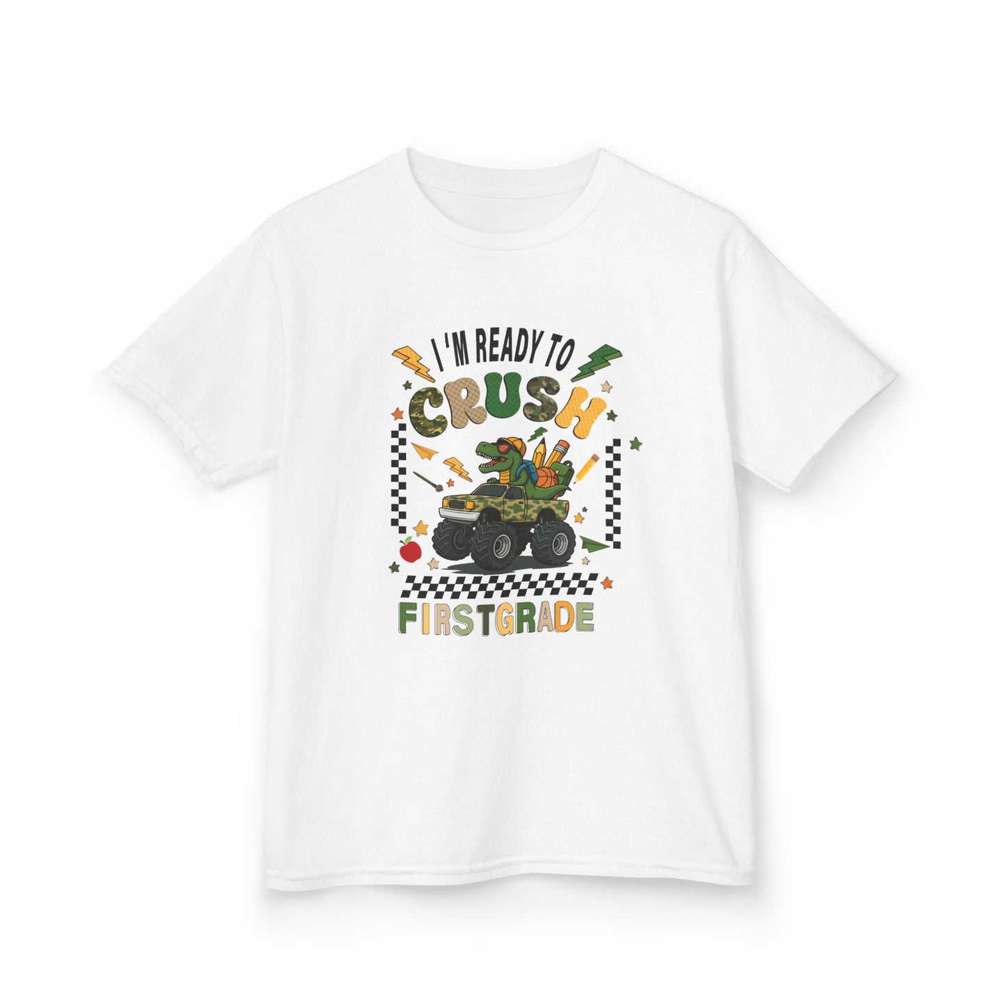 Kids Tee — “I’m Ready to Crush First Grade” Back-to-School Monster Truck Shirt