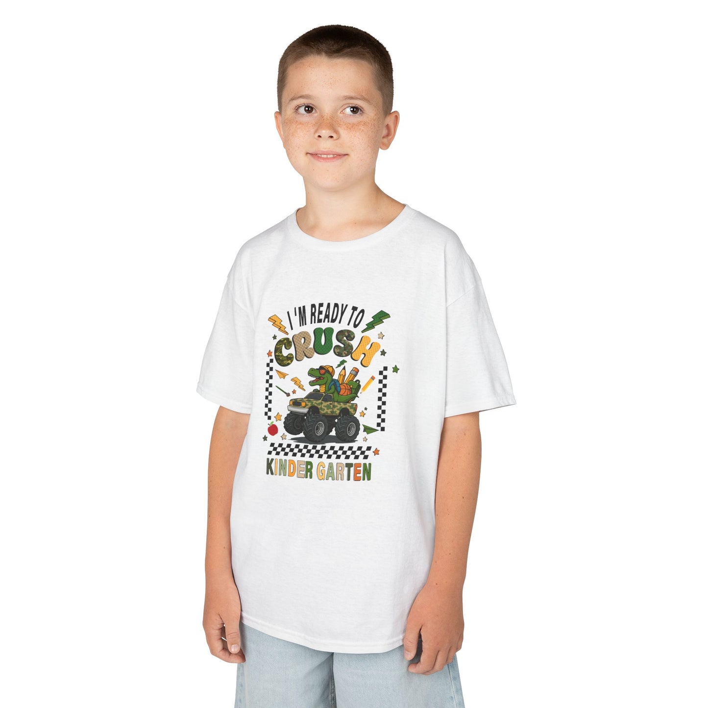 Kids T-Shirt — "I'm Ready to Crush Kindergarten" Dinosaur Monster Truck Back-to-School Tee