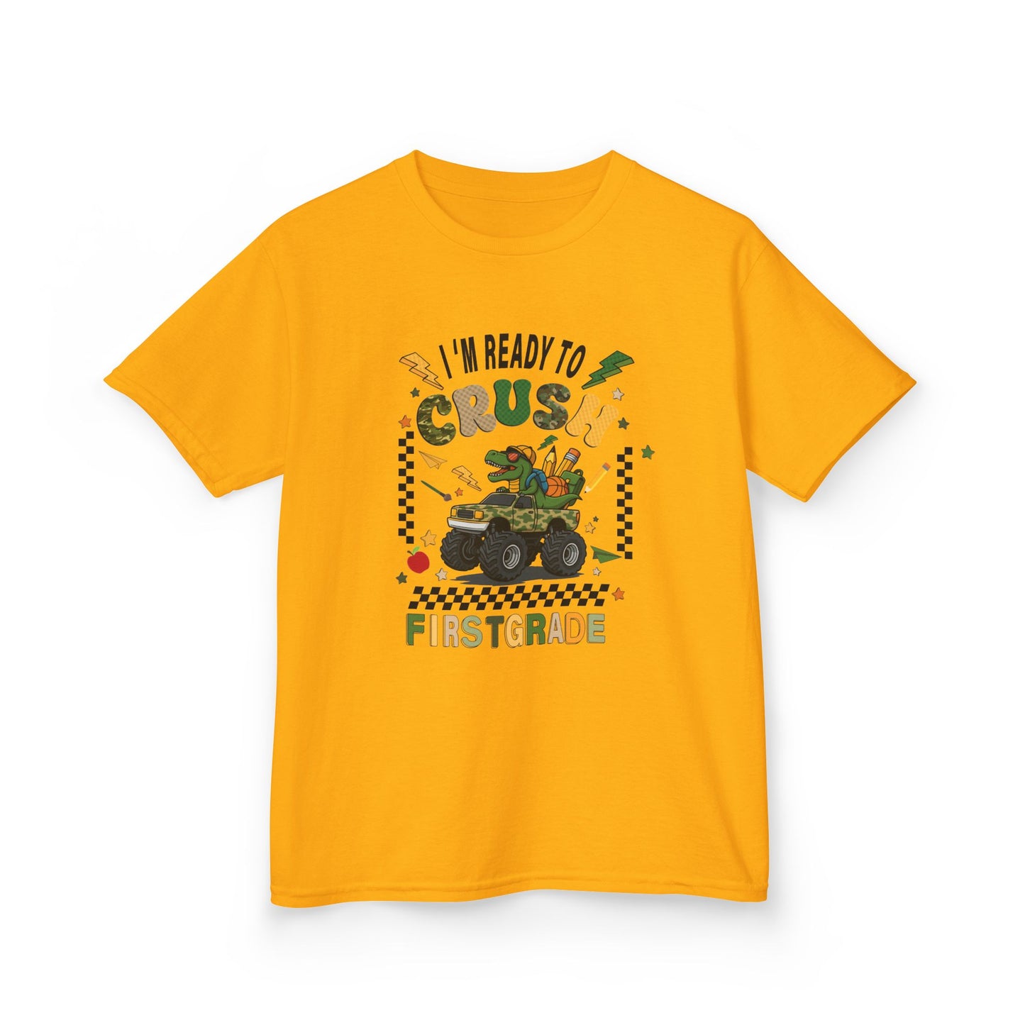 Kids Tee — “I’m Ready to Crush First Grade” Back-to-School Monster Truck Shirt