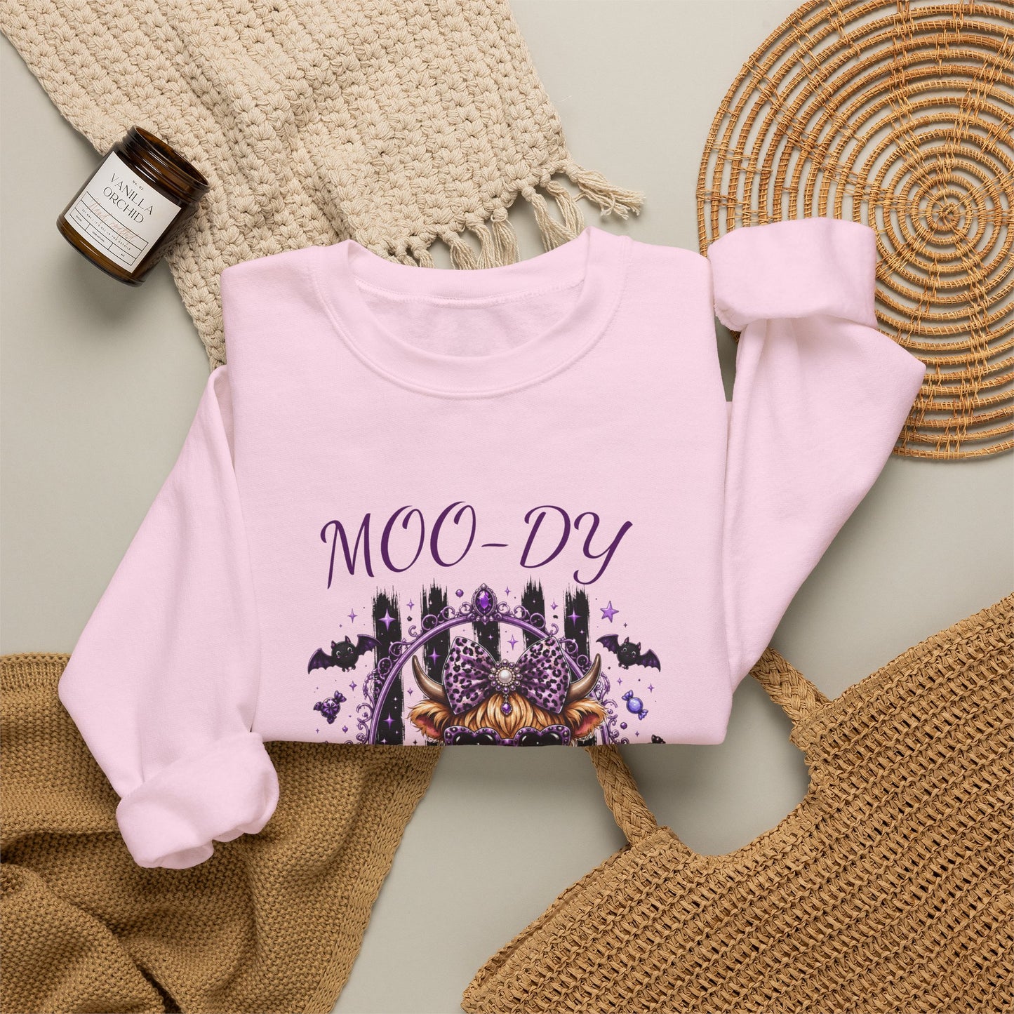 Halloween 'Moo-dy' Cow Crewneck Sweatshirt — Cute Spooky Cow Fall Pullover