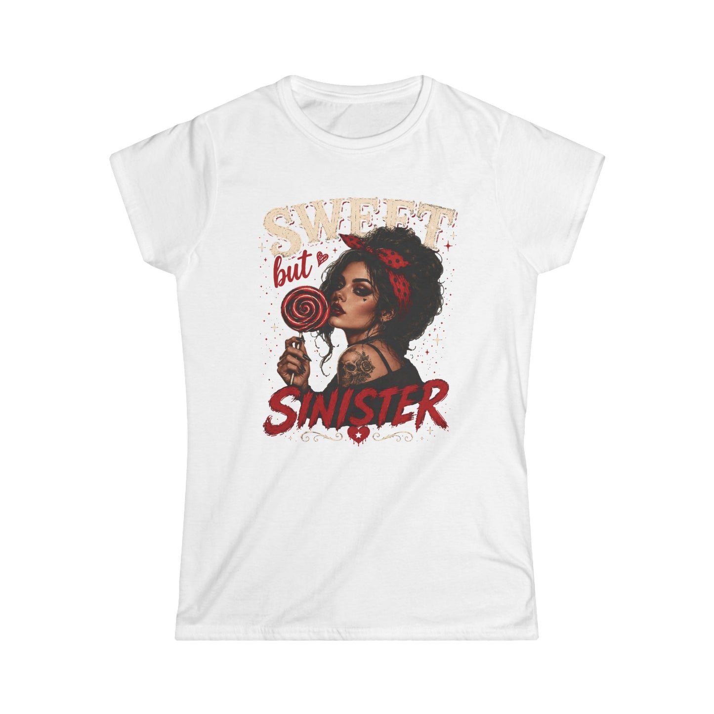 Sweet but Sinister Tee — Women's Graphic T-Shirt (Retro Pin-Up Girl with Lollipop)