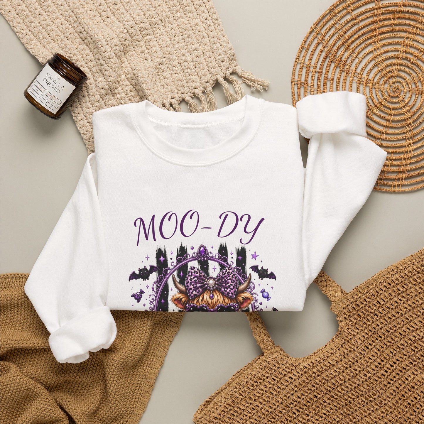 Halloween 'Moo-dy' Cow Crewneck Sweatshirt — Cute Spooky Cow Fall Pullover