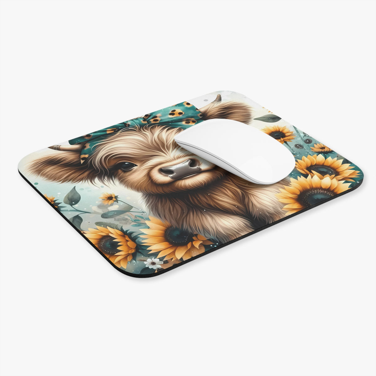 Cute Highland Cow Mouse Pad — Sunflower Desk Mat for Animal Lovers