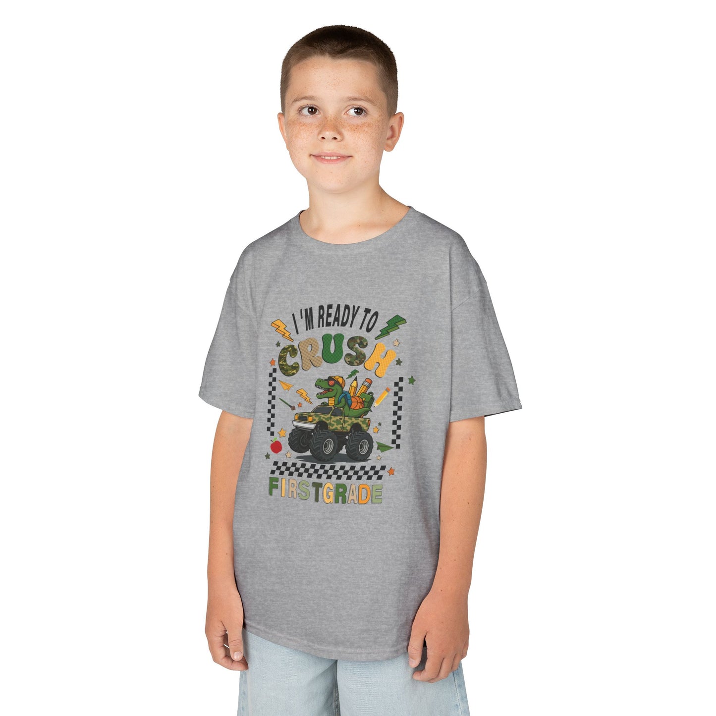 Kids Tee — “I’m Ready to Crush First Grade” Back-to-School Monster Truck Shirt
