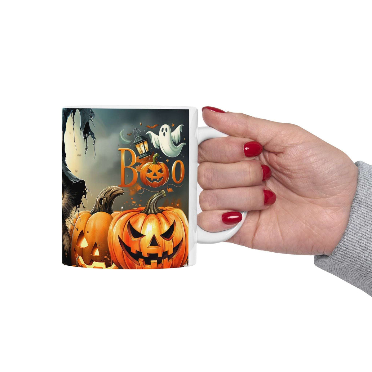 Halloween Cat Ceramic Mug — Witch Hat Kitty with Pumpkins (11oz/15oz)