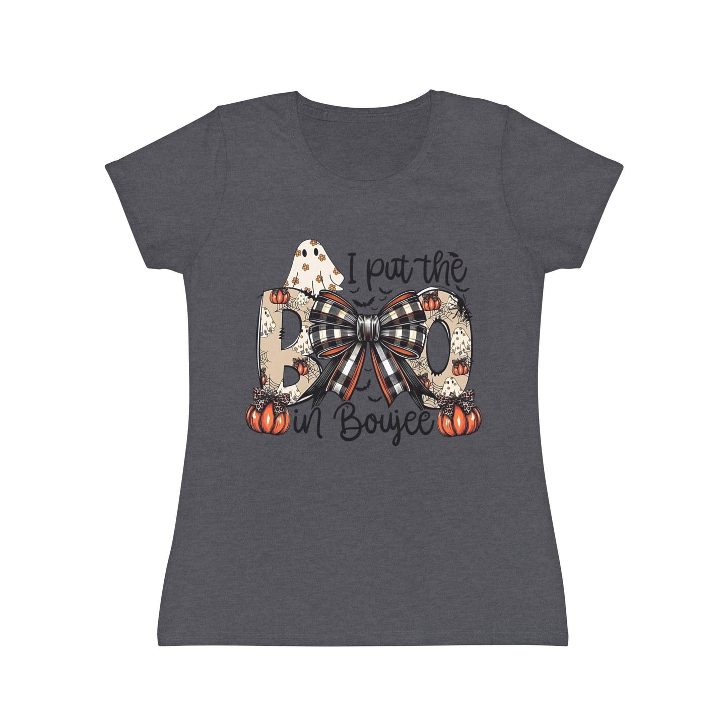 Women's Halloween "I Put the Boo in Boujee" T-Shirt — Plaid Bow Pumpkin Graphic