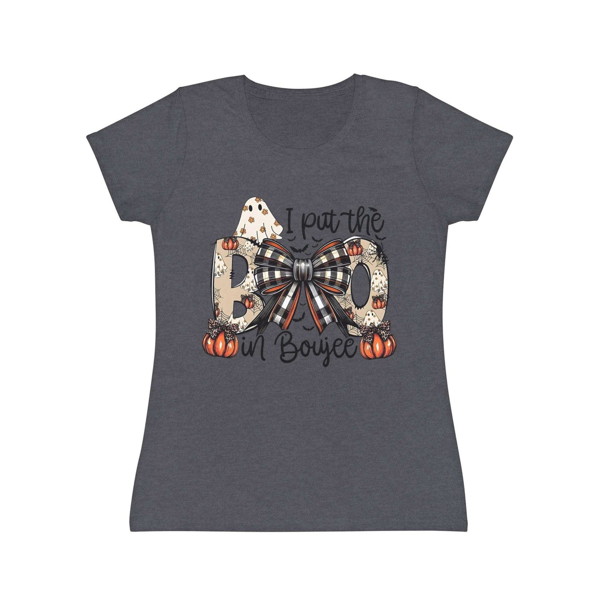 Women's Halloween "I Put the Boo in Boujee" T-Shirt — Plaid Bow Pumpkin Graphic