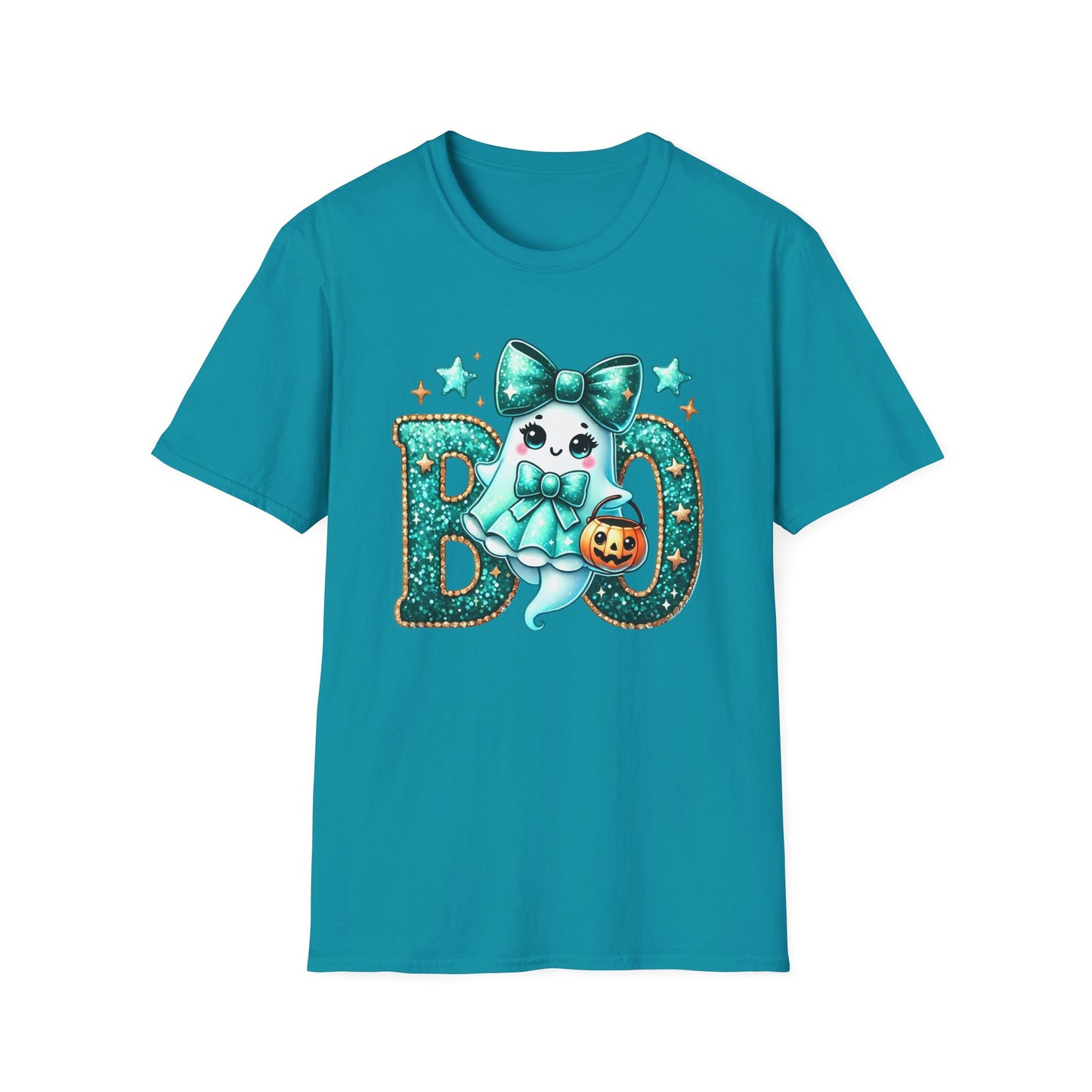 BOO Ghost T‑Shirt — Cute Teal Bow Halloween Tee