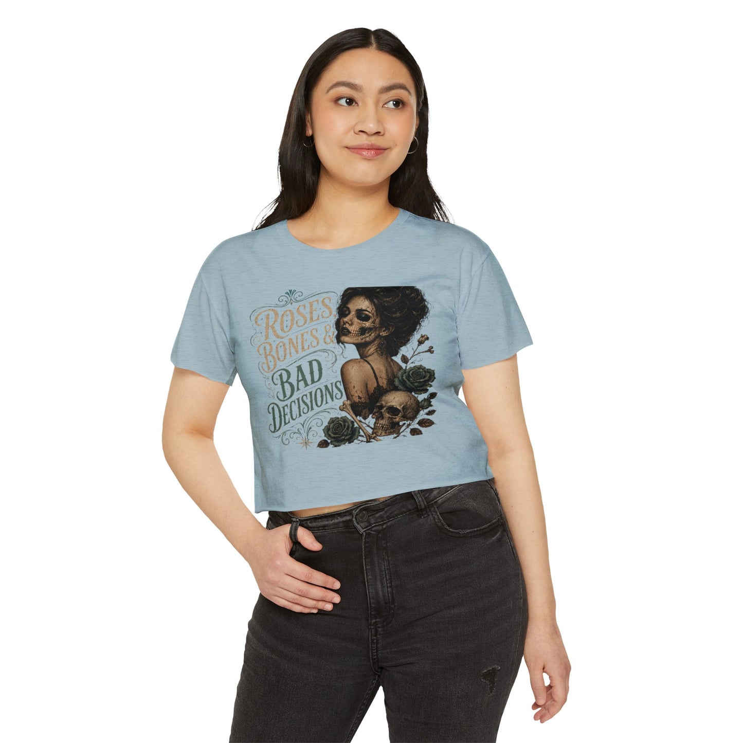 Roses Bones & Bad Decisions Crop Top — Gothic Skull Floral Festival Tee I