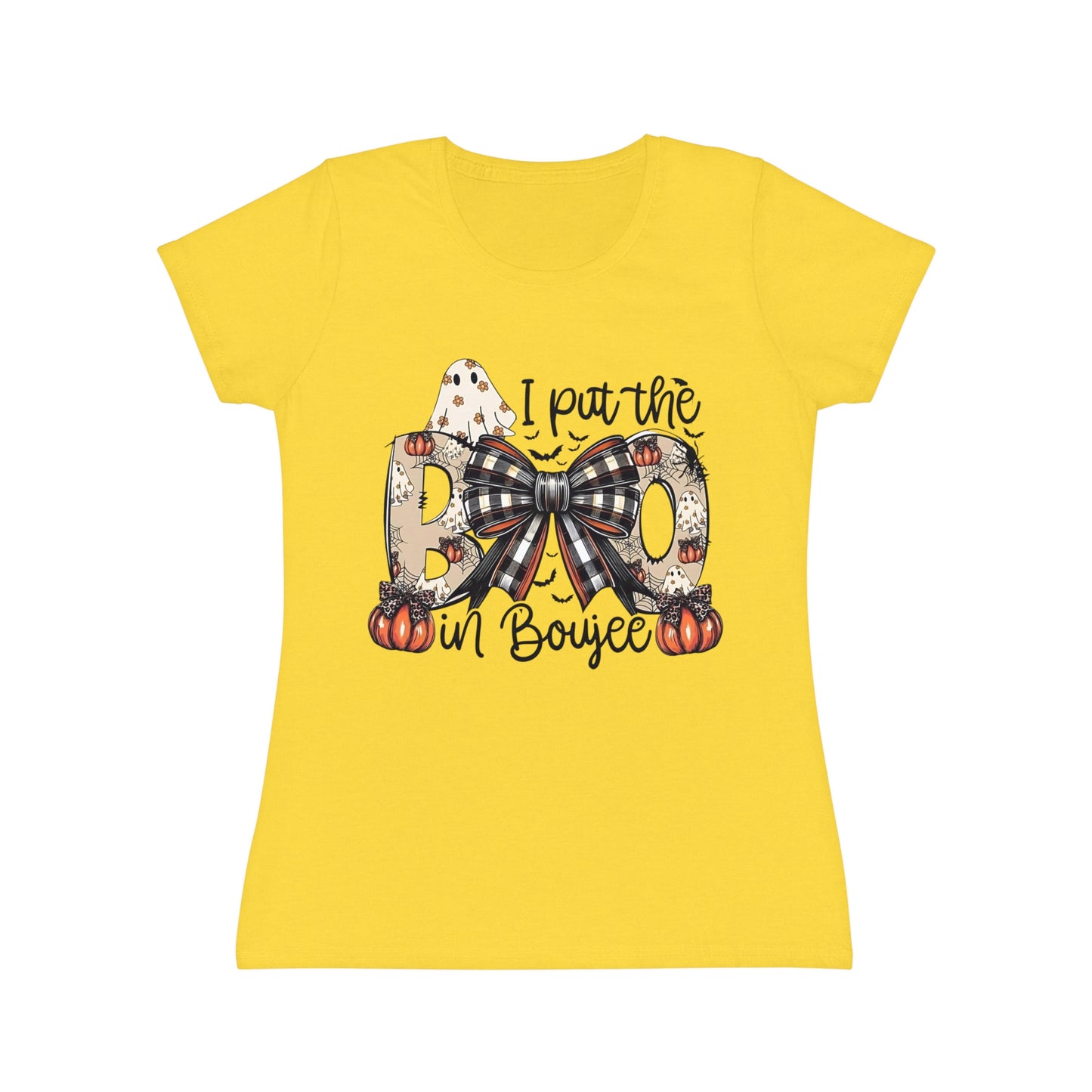 Women's Halloween "I Put the Boo in Boujee" T-Shirt — Plaid Bow Pumpkin Graphic