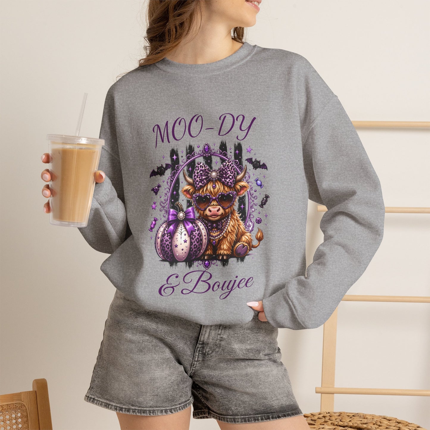 Halloween 'Moo-dy' Cow Crewneck Sweatshirt — Cute Spooky Cow Fall Pullover