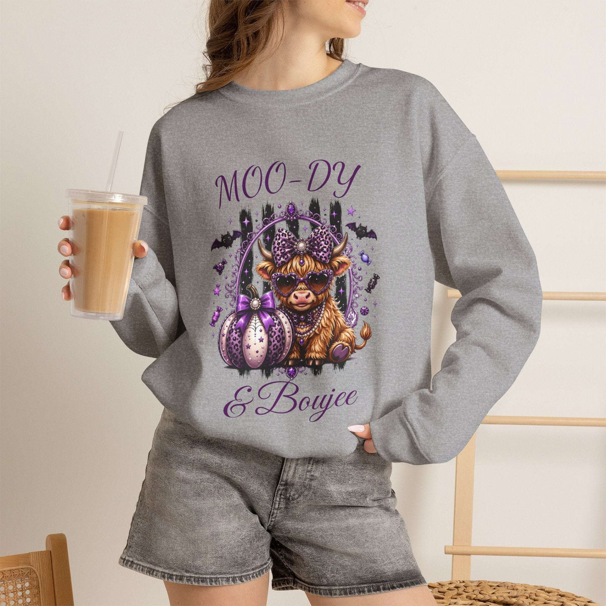 Halloween 'Moo-dy' Cow Crewneck Sweatshirt — Cute Spooky Cow Fall Pullover