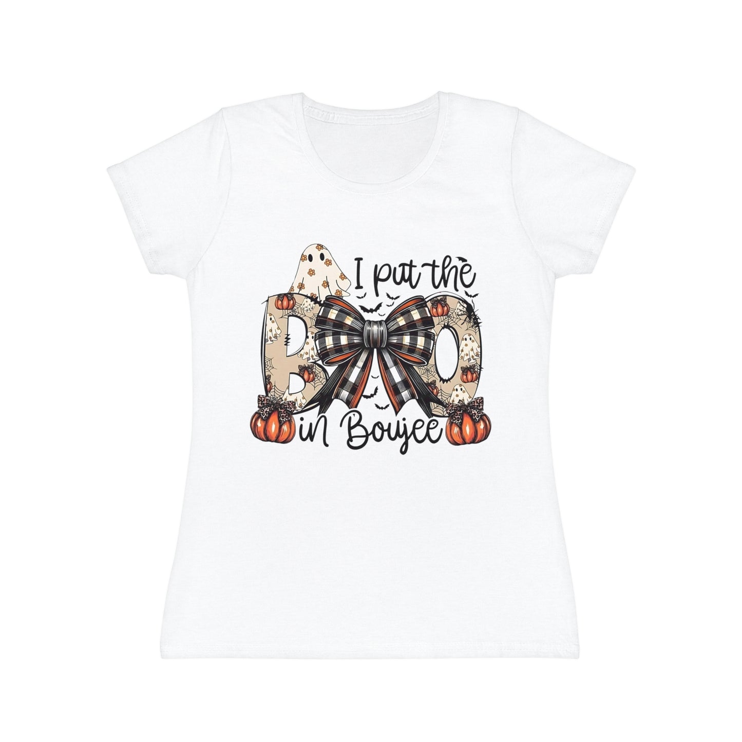 Women's Halloween "I Put the Boo in Boujee" T-Shirt — Plaid Bow Pumpkin Graphic