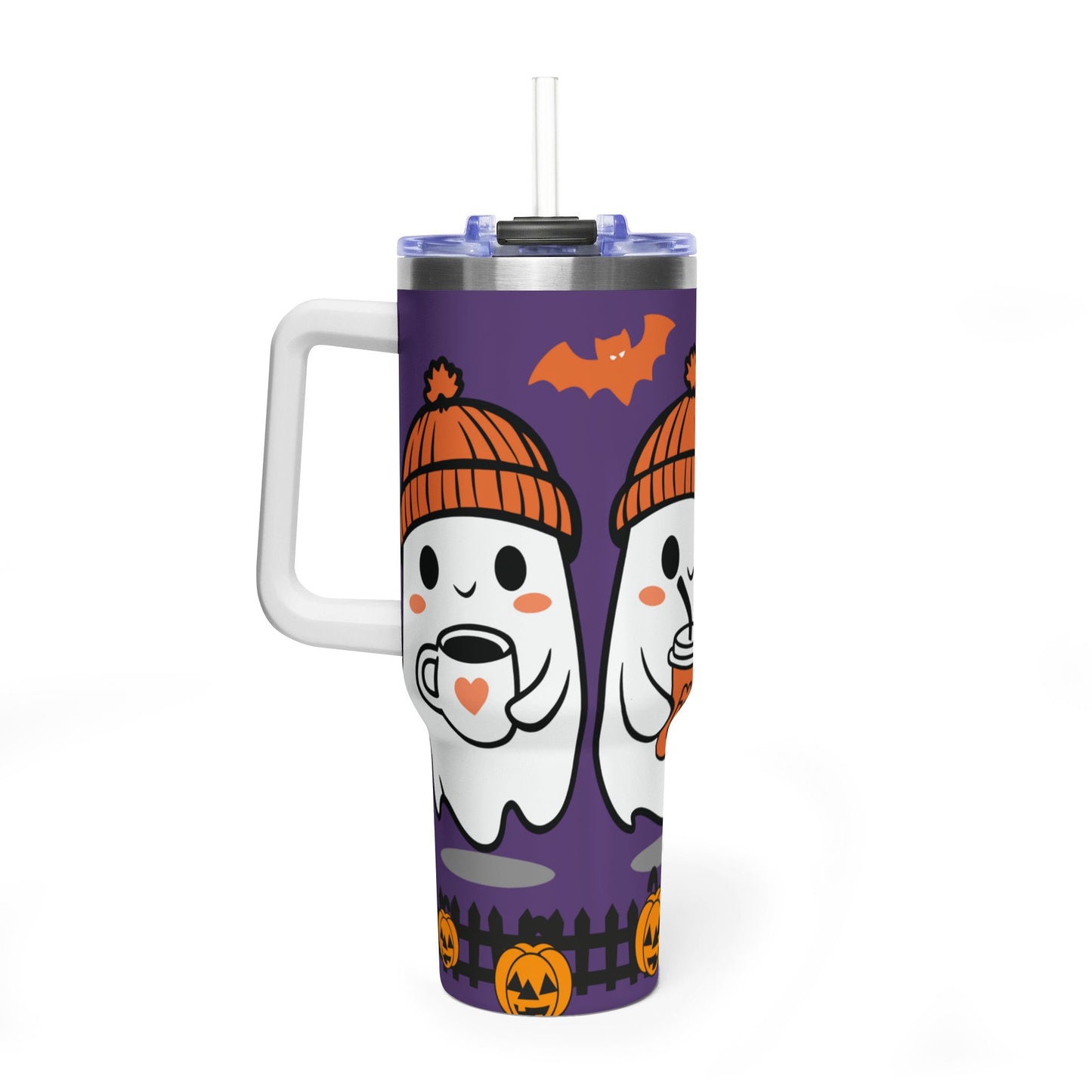 40oz Halloween Ghost Tumbler – Cute Ghosts with Pumpkin & Bat Thermal Cup