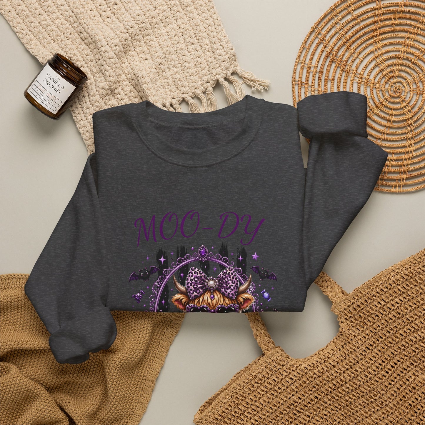 Halloween 'Moo-dy' Cow Crewneck Sweatshirt — Cute Spooky Cow Fall Pullover