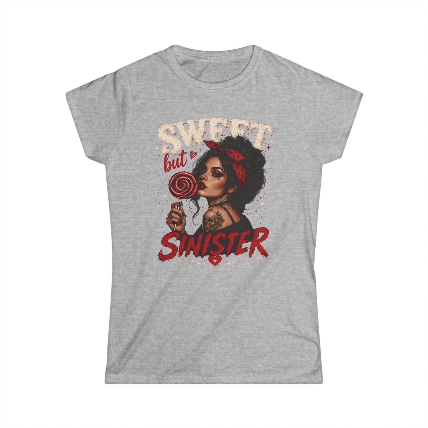 Sweet but Sinister Tee — Women's Graphic T-Shirt (Retro Pin-Up Girl with Lollipop)