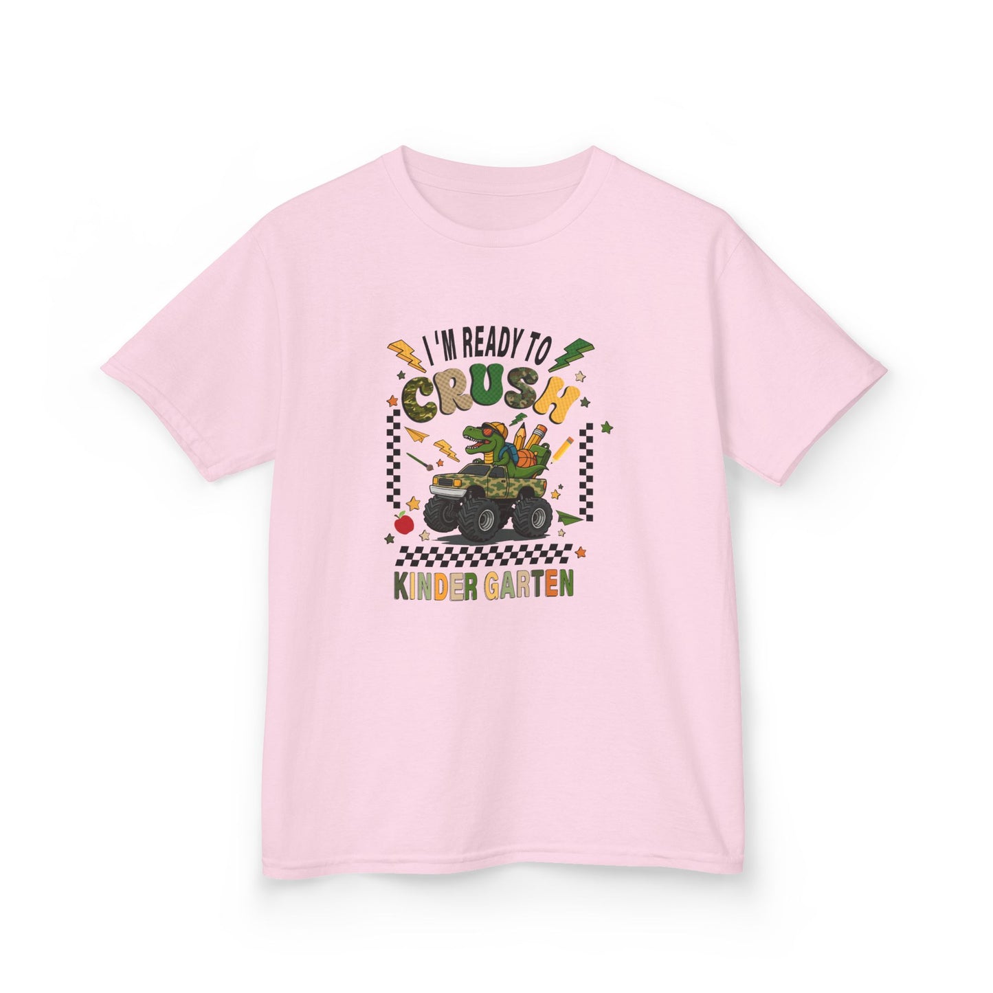 Kids T-Shirt — "I'm Ready to Crush Kindergarten" Dinosaur Monster Truck Back-to-School Tee