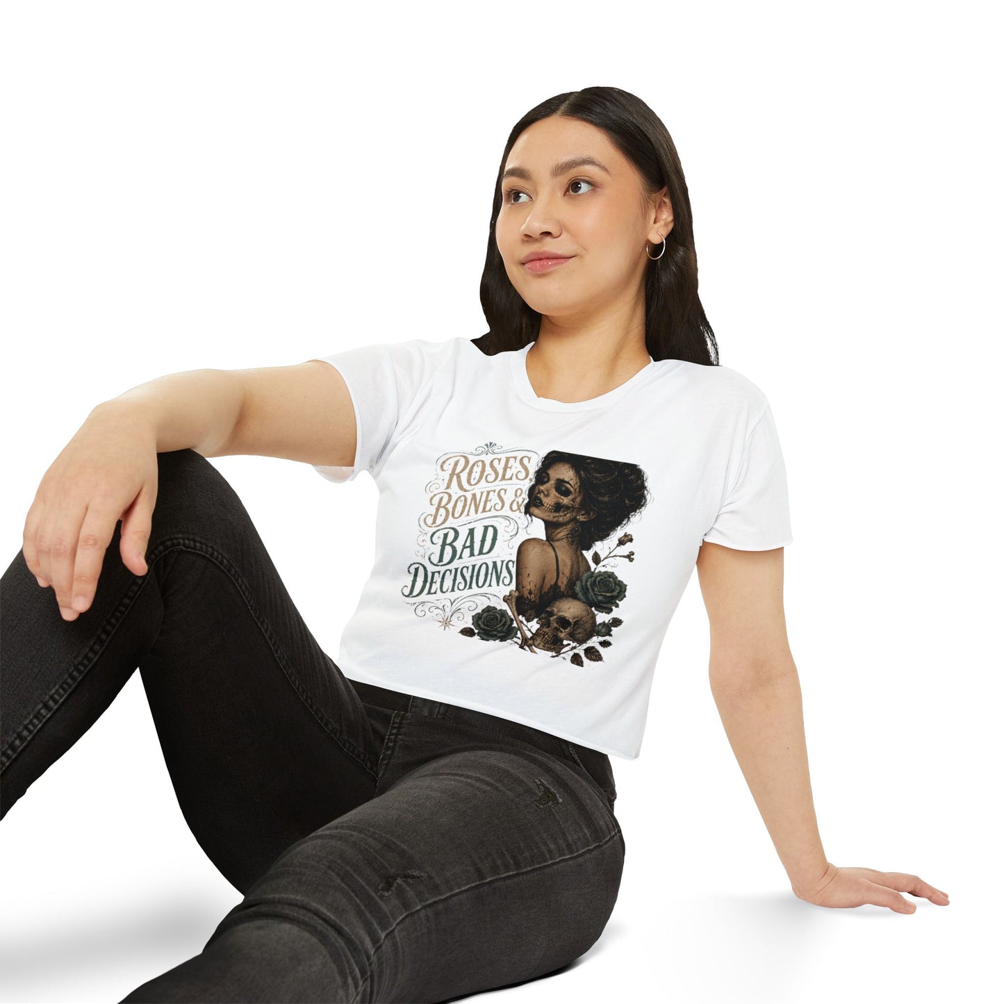 Roses Bones & Bad Decisions Crop Top — Gothic Skull Floral Festival Tee I
