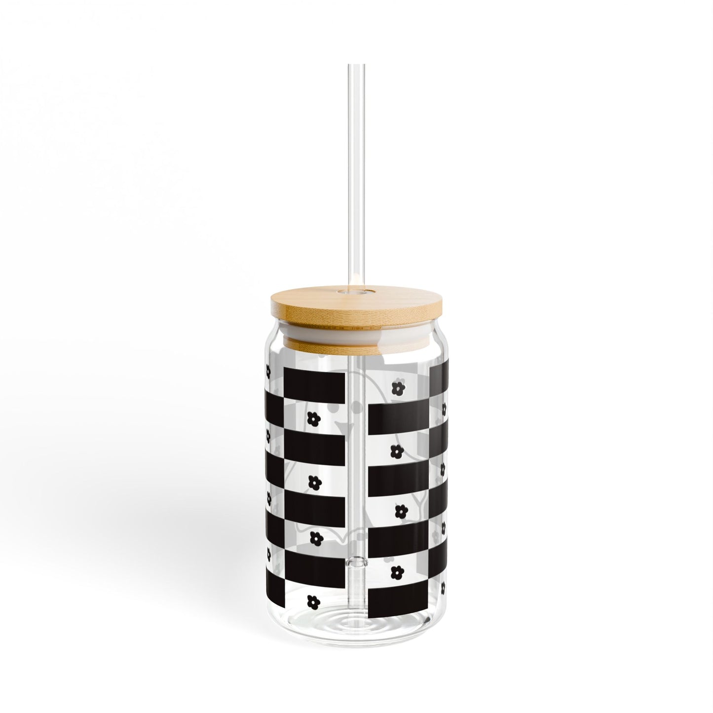 Ghost Checkerboard Sipper Glass — 16oz Cute Halloween Drink Jar