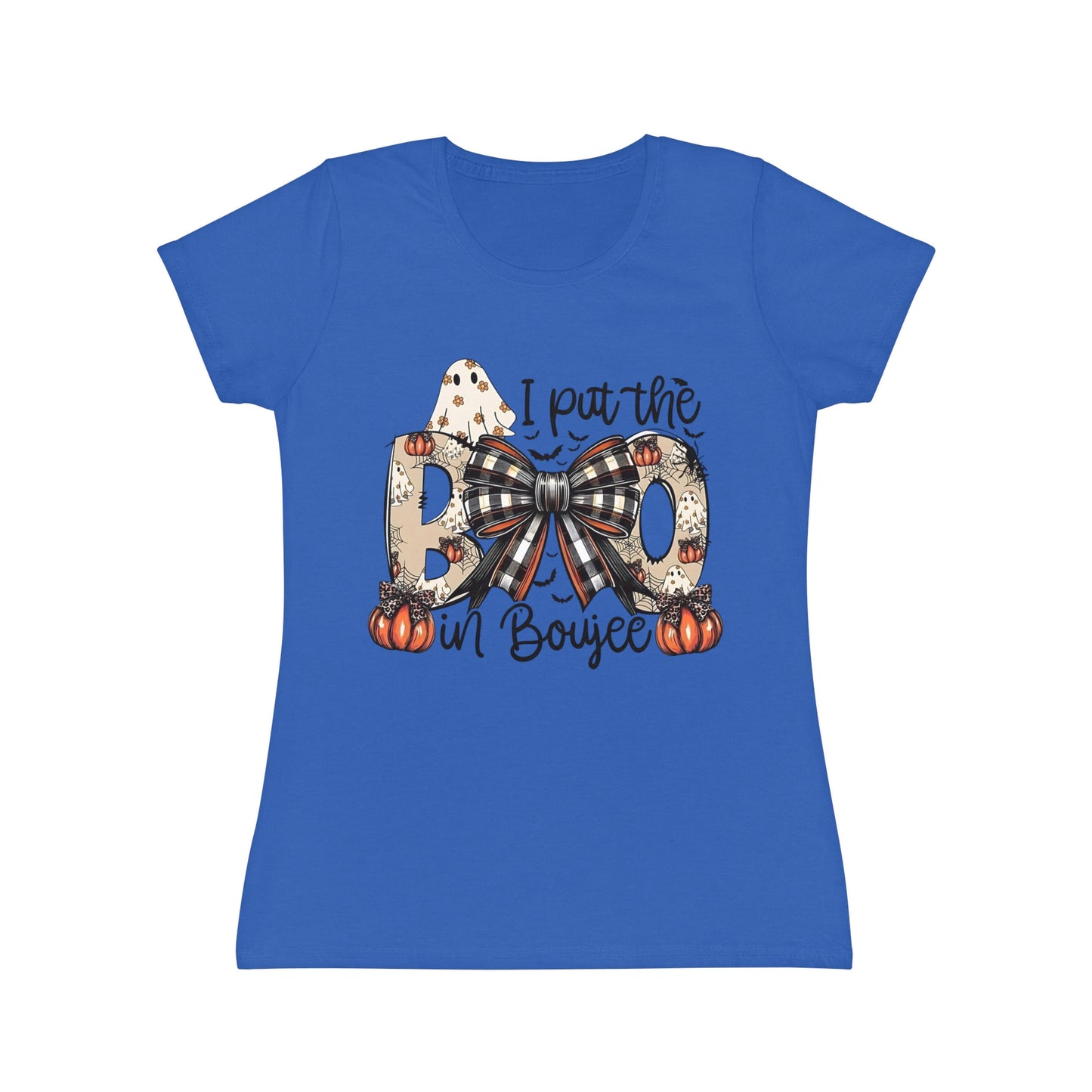 Women's Halloween "I Put the Boo in Boujee" T-Shirt — Plaid Bow Pumpkin Graphic