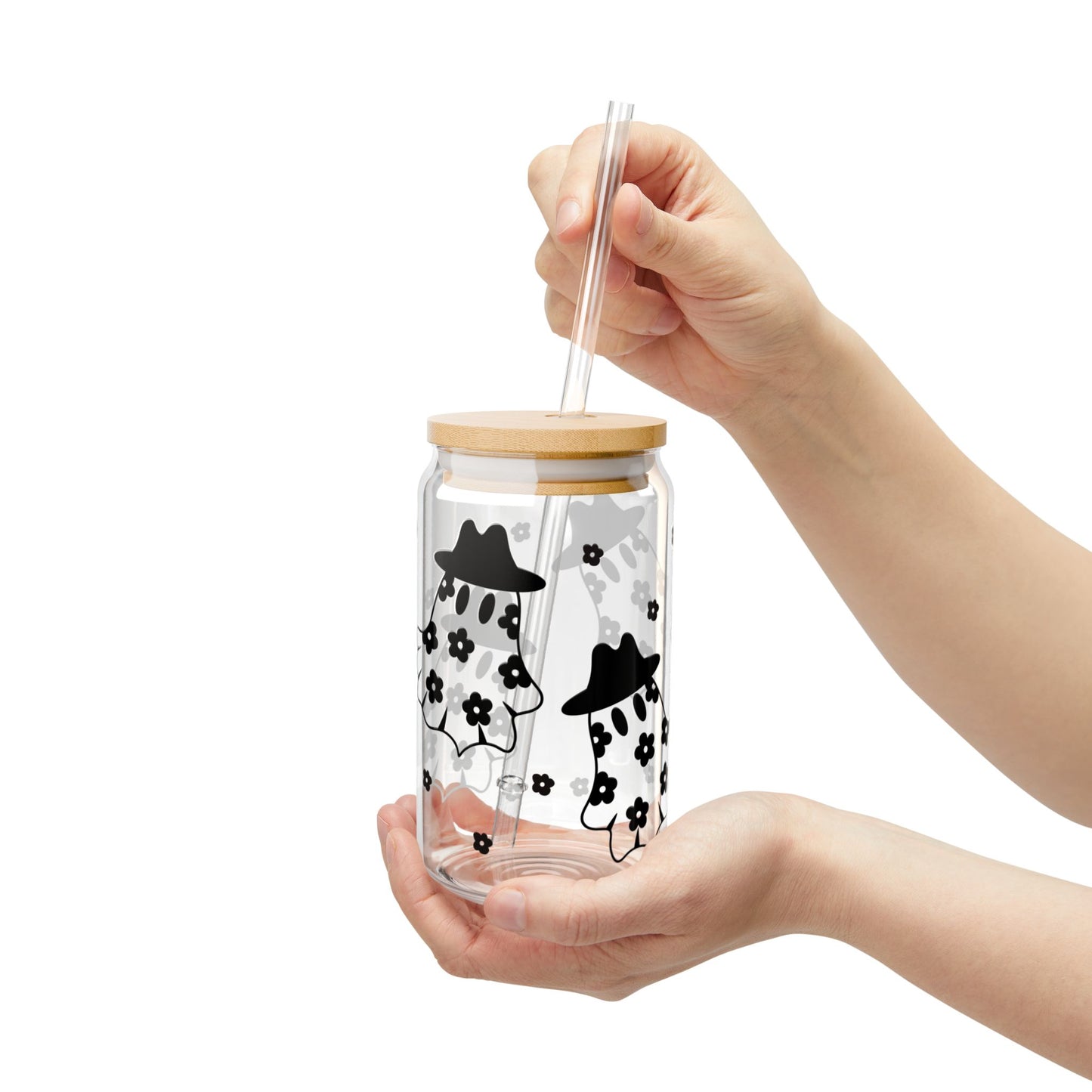 Adorable Cowboo 16oz Ghost Sipper Glass with Bamboo Lid