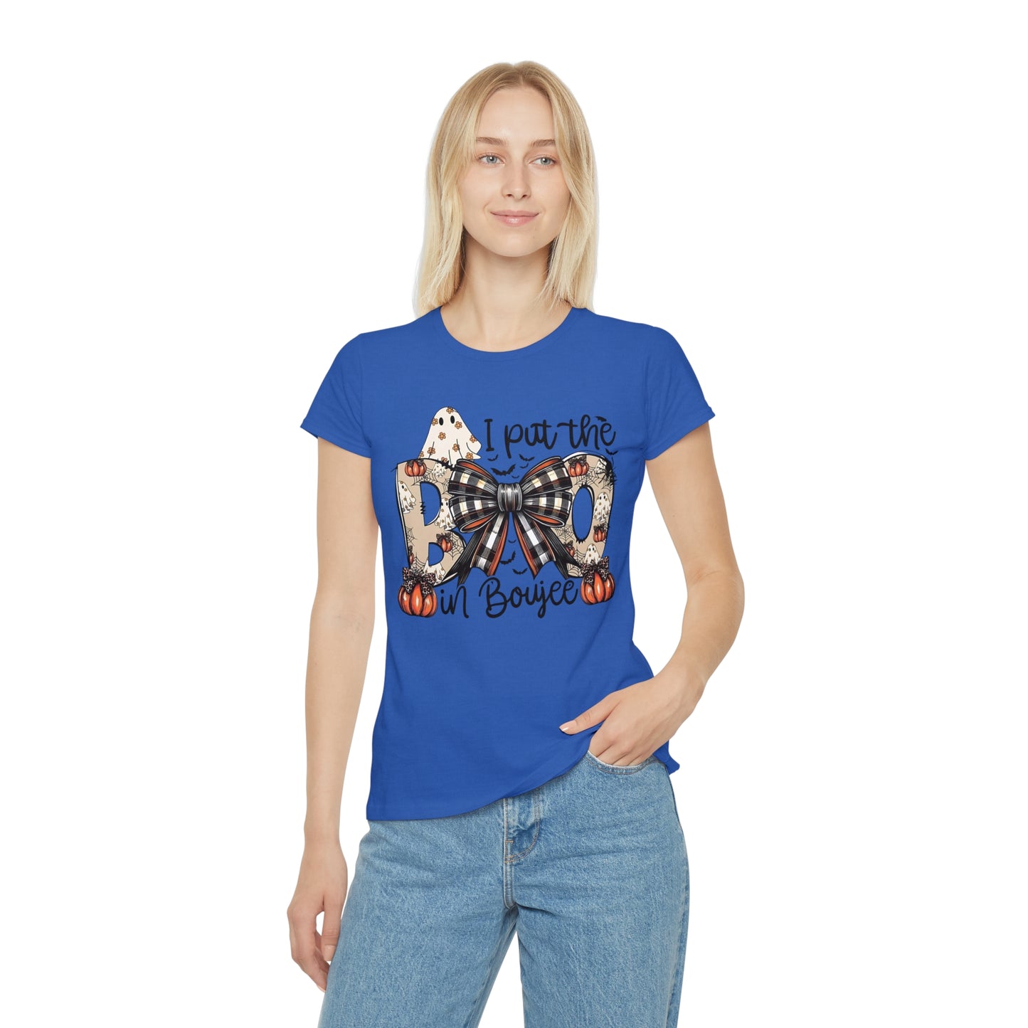 Women's Halloween "I Put the Boo in Boujee" T-Shirt — Plaid Bow Pumpkin Graphic