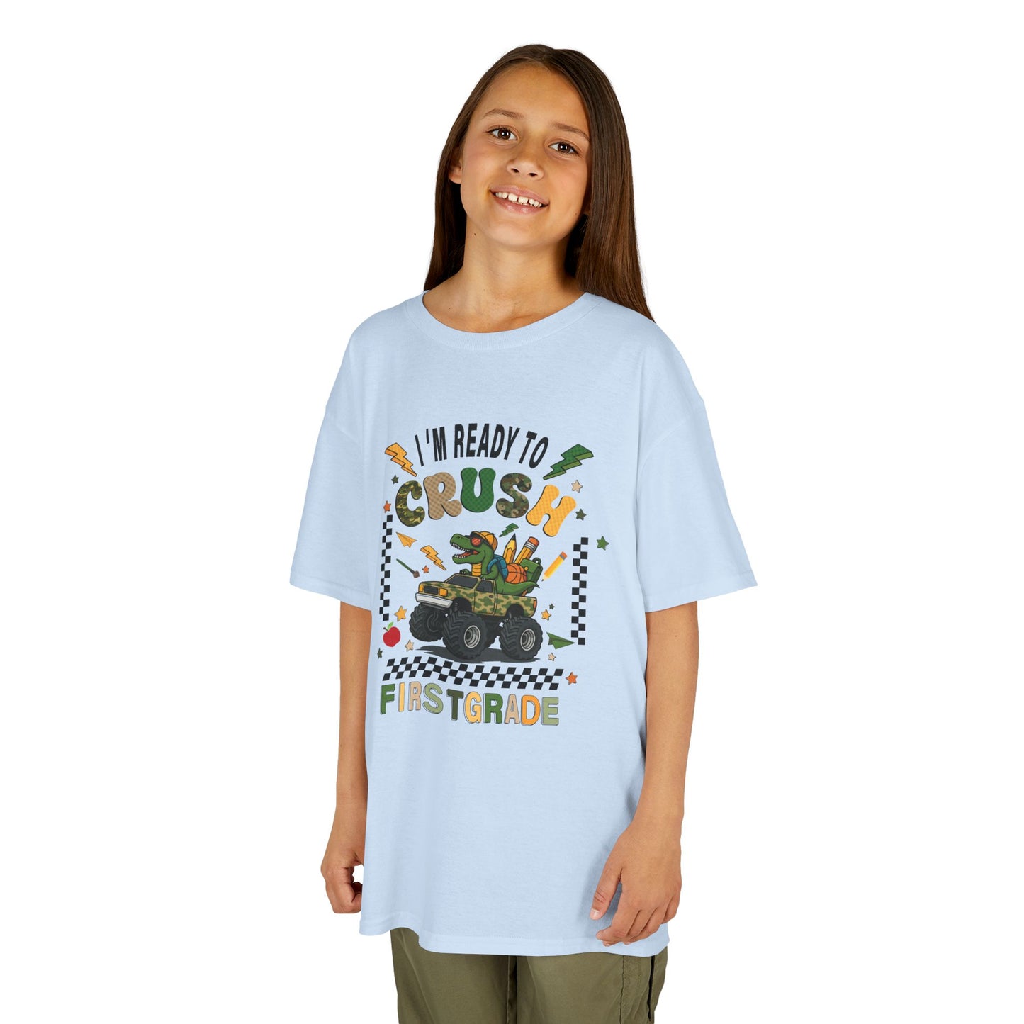 Kids Tee — “I’m Ready to Crush First Grade” Back-to-School Monster Truck Shirt