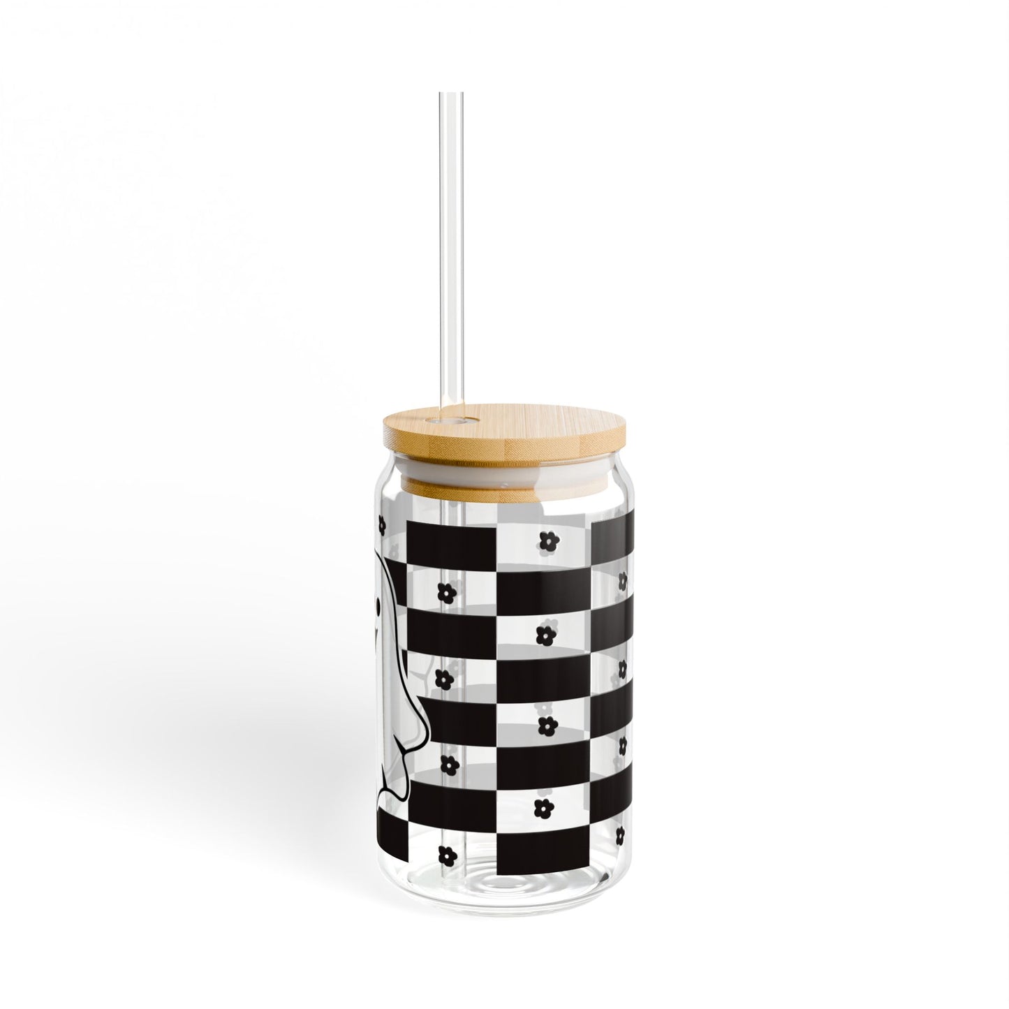 Ghost Checkerboard Sipper Glass — 16oz Cute Halloween Drink Jar
