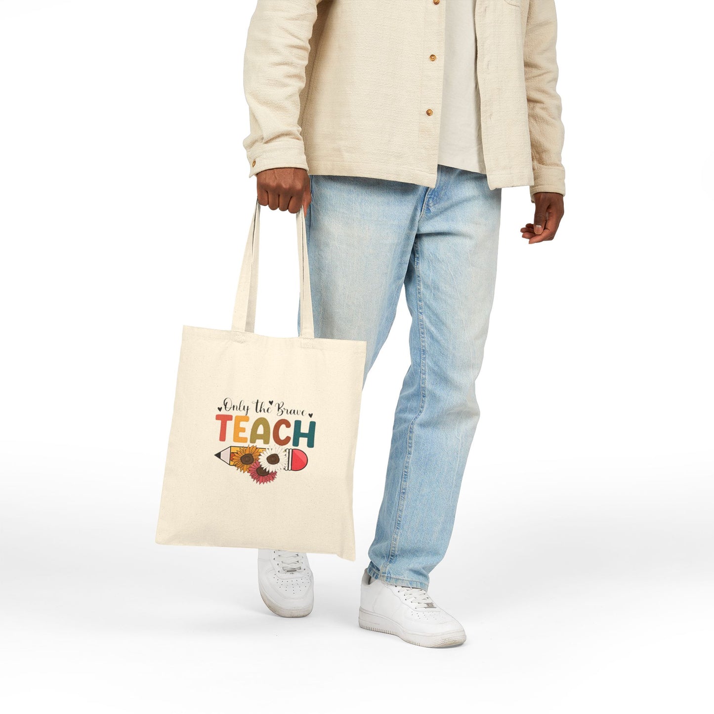 Only the Brave Teach Floral Pencil Canvas Tote — Teacher Gift Cotton Tote