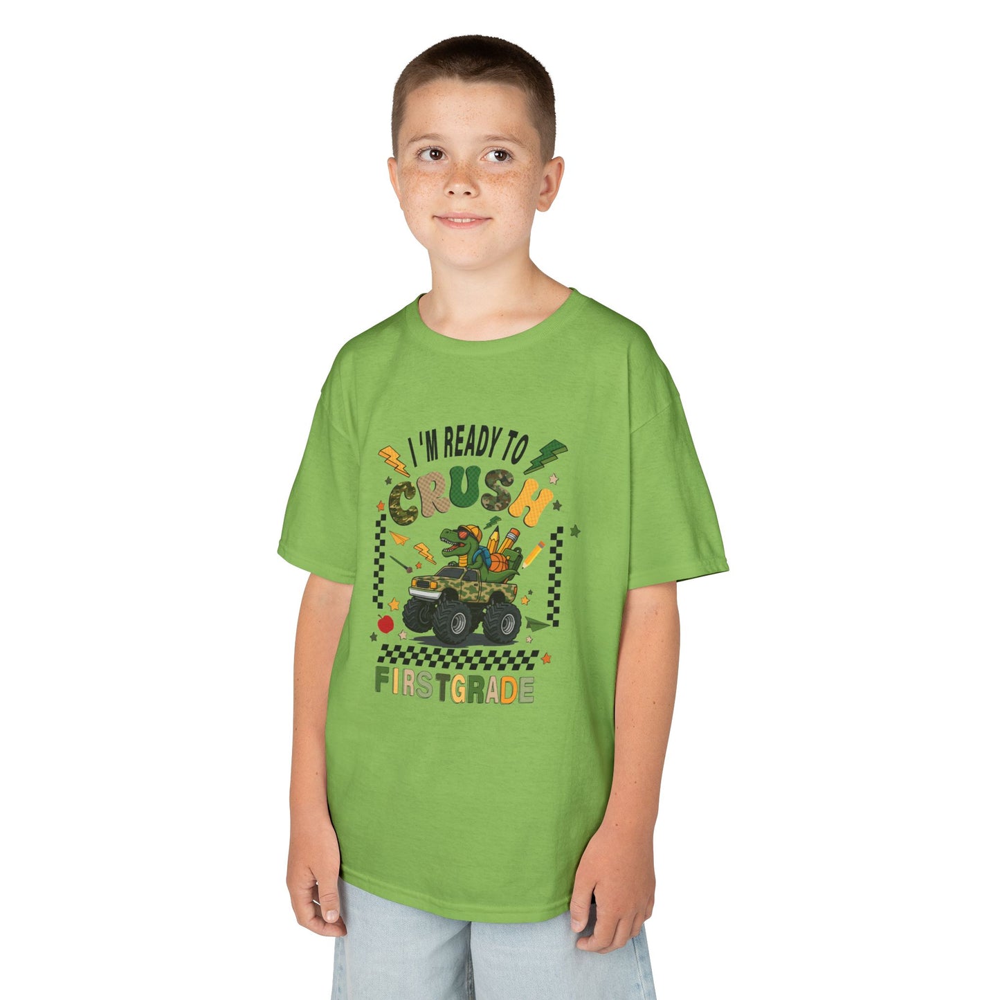 Kids Tee — “I’m Ready to Crush First Grade” Back-to-School Monster Truck Shirt