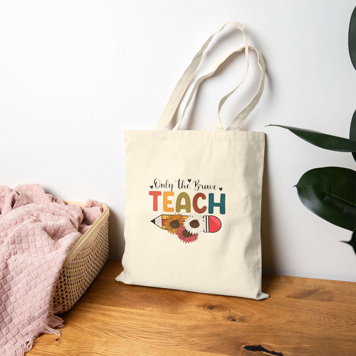Only the Brave Teach Floral Pencil Canvas Tote — Teacher Gift Cotton Tote