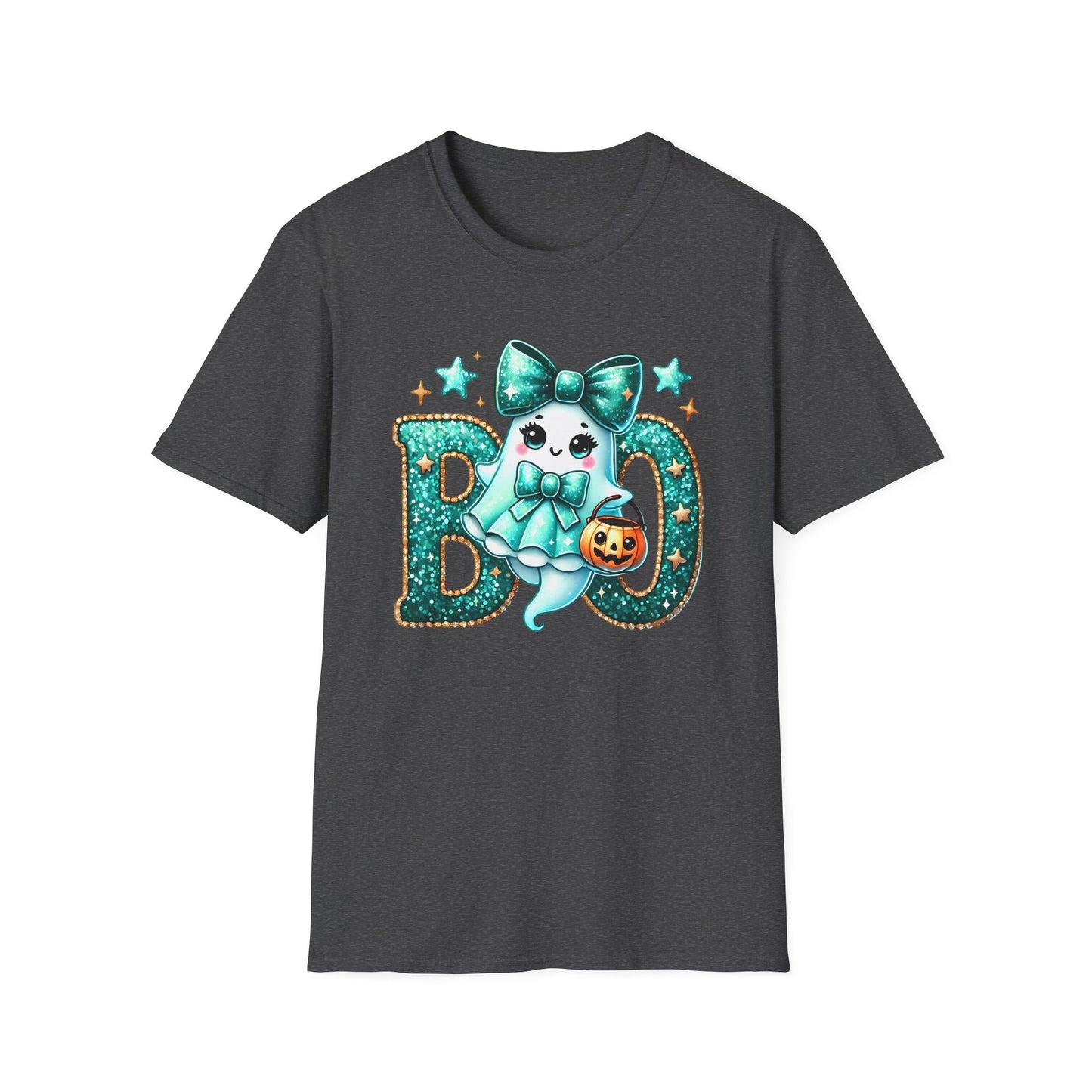 BOO Ghost T‑Shirt — Cute Teal Bow Halloween Tee