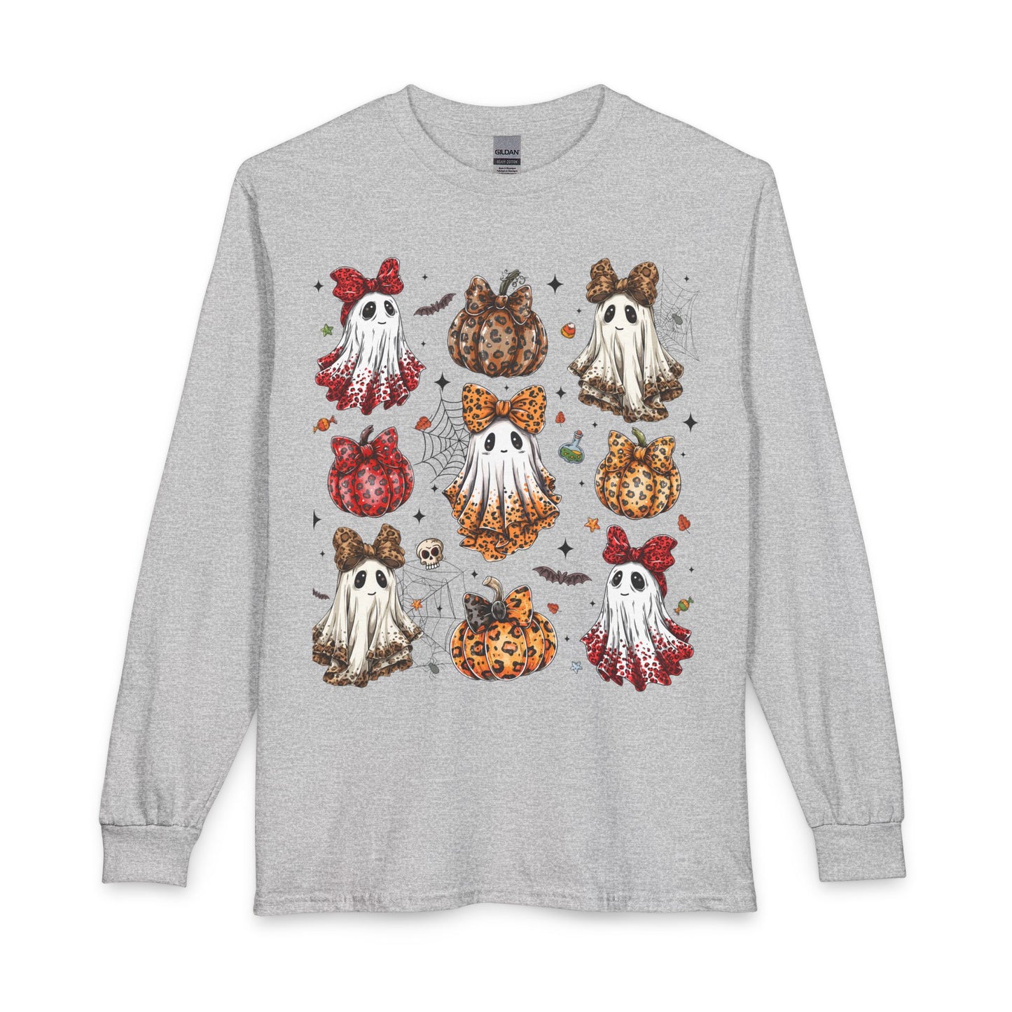 Boujee Ghost Pumpkin Long Sleeve Shirt — Cute Ghosts with Bows & Leopard Pumpkins
