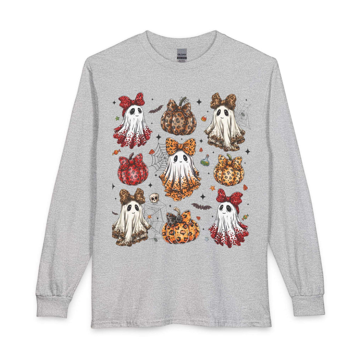 Boujee Ghost Pumpkin Long Sleeve Shirt — Cute Ghosts with Bows & Leopard Pumpkins