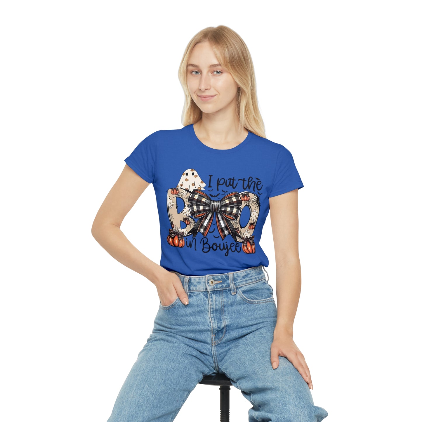 Women's Halloween "I Put the Boo in Boujee" T-Shirt — Plaid Bow Pumpkin Graphic