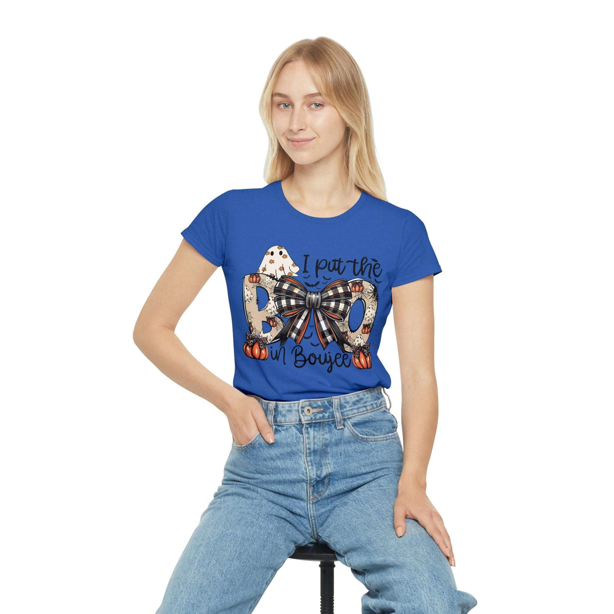 Women's Halloween "I Put the Boo in Boujee" T-Shirt — Plaid Bow Pumpkin Graphic
