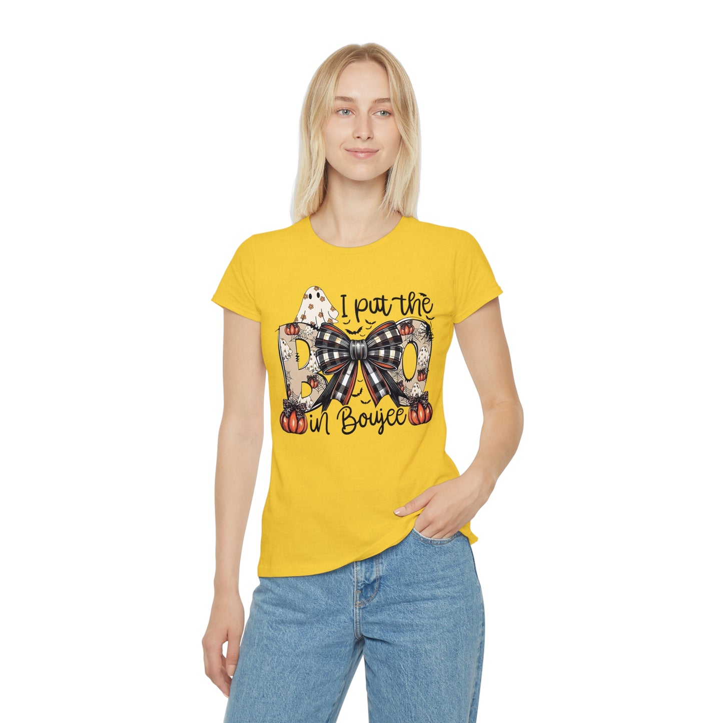 Women's Halloween "I Put the Boo in Boujee" T-Shirt — Plaid Bow Pumpkin Graphic