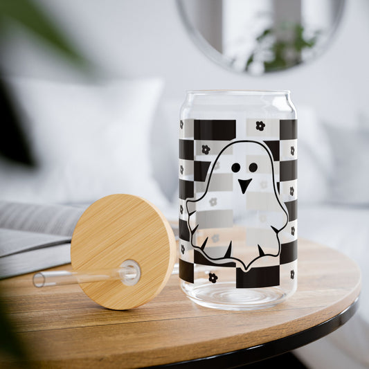 Ghost Checkerboard Sipper Glass — 16oz Cute Halloween Drink Jar