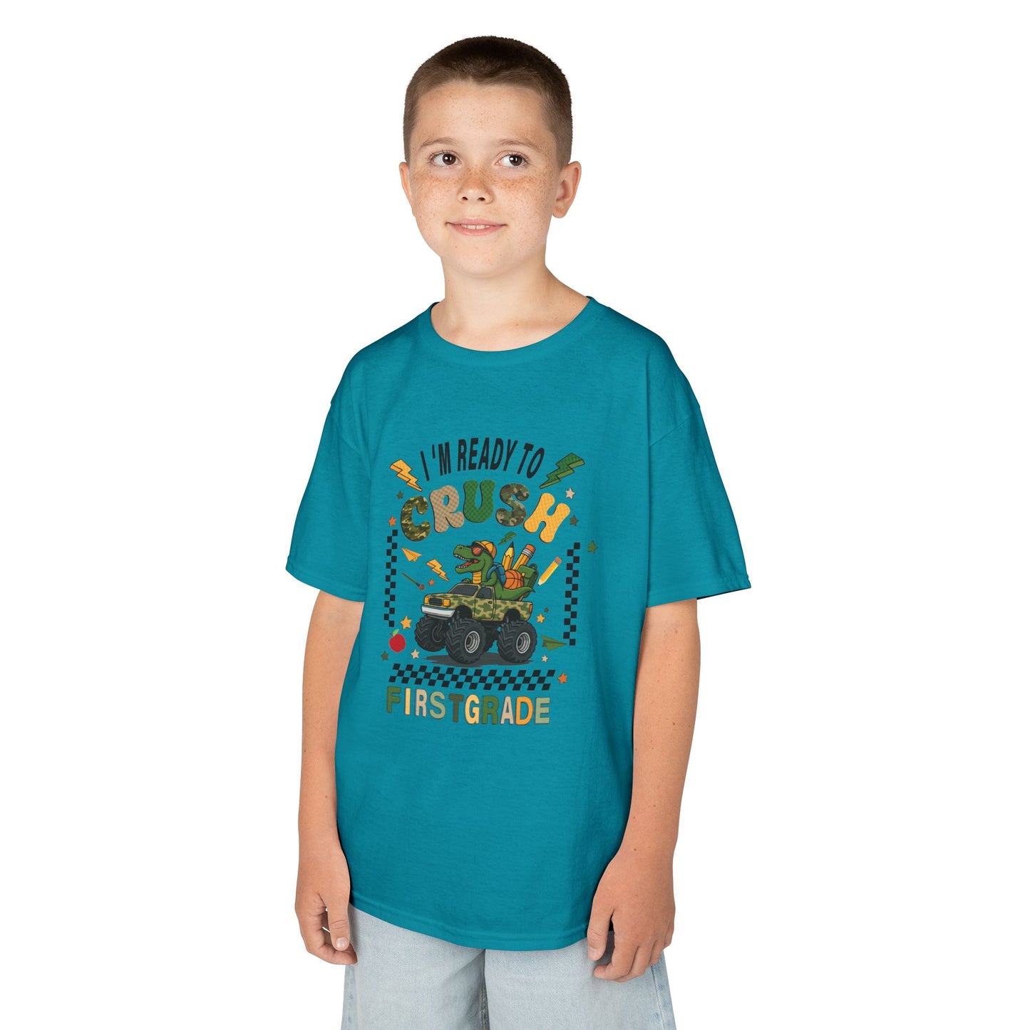 Kids Tee — “I’m Ready to Crush First Grade” Back-to-School Monster Truck Shirt