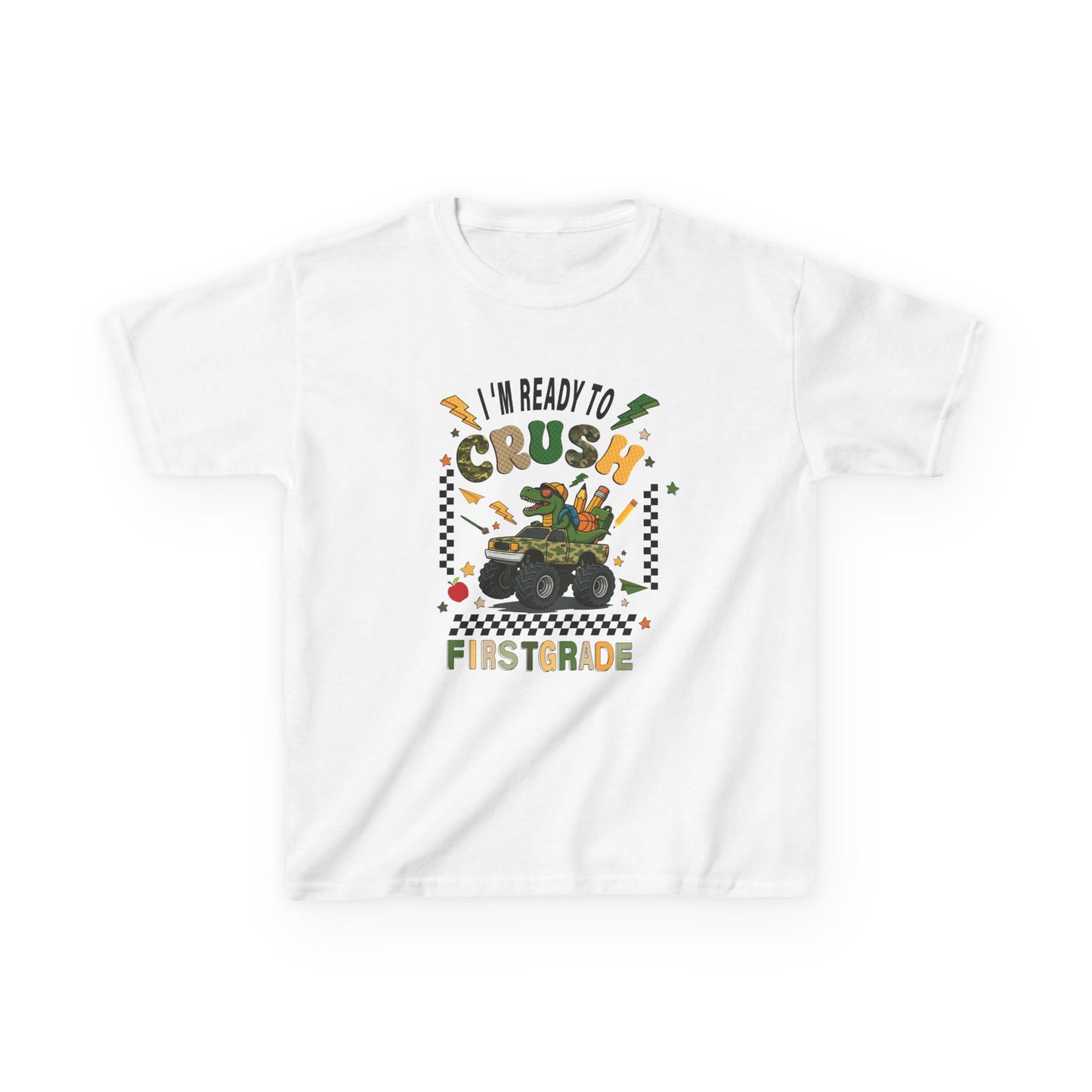 Kids Tee — “I’m Ready to Crush First Grade” Back-to-School Monster Truck Shirt