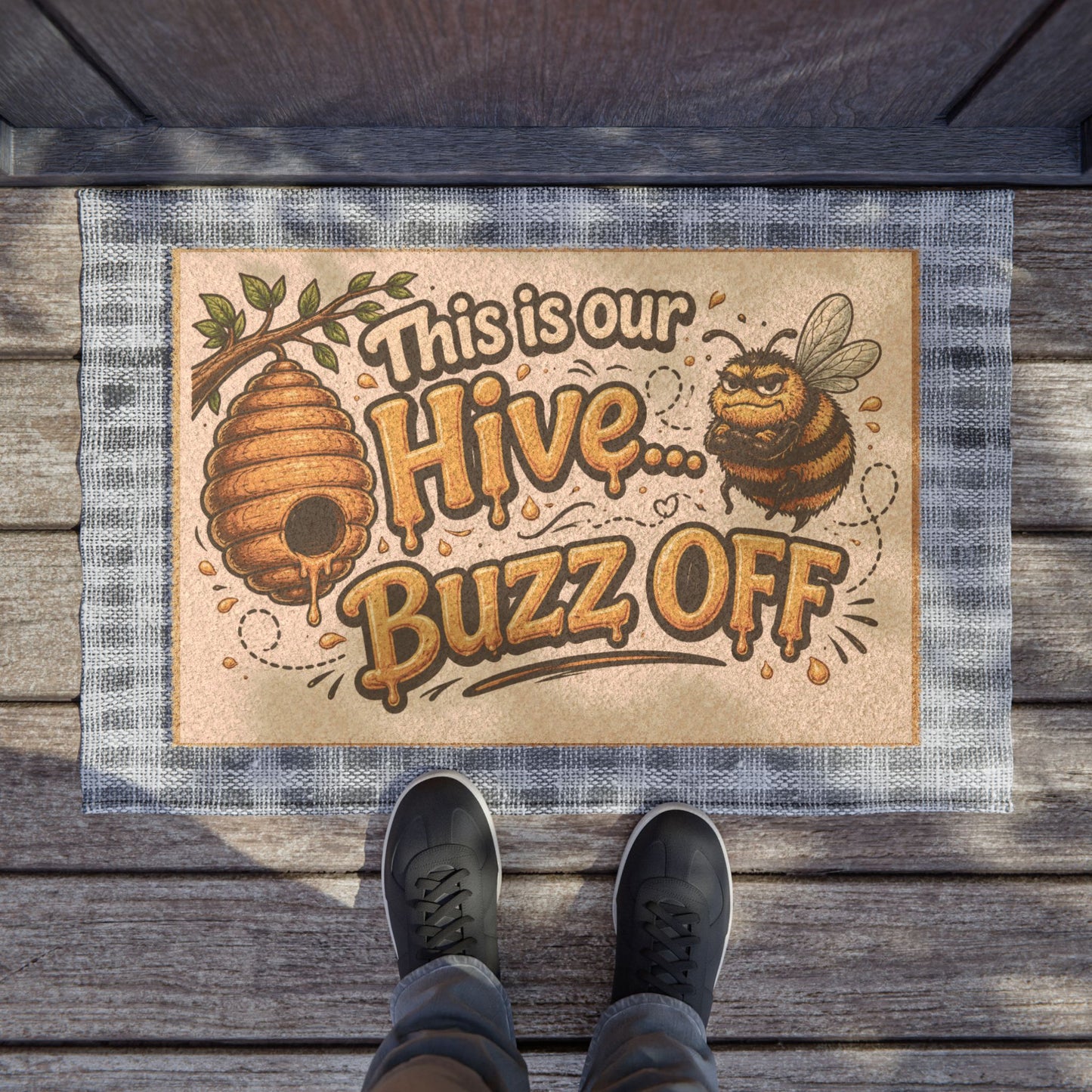 Doormat — "This Is Our Hive... Buzz Off" Funny Bee Welcome Mat