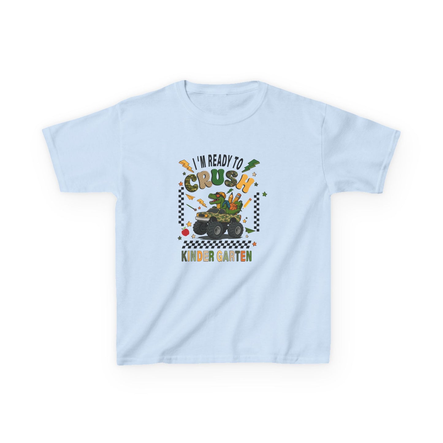 Kids T-Shirt — "I'm Ready to Crush Kindergarten" Dinosaur Monster Truck Back-to-School Tee