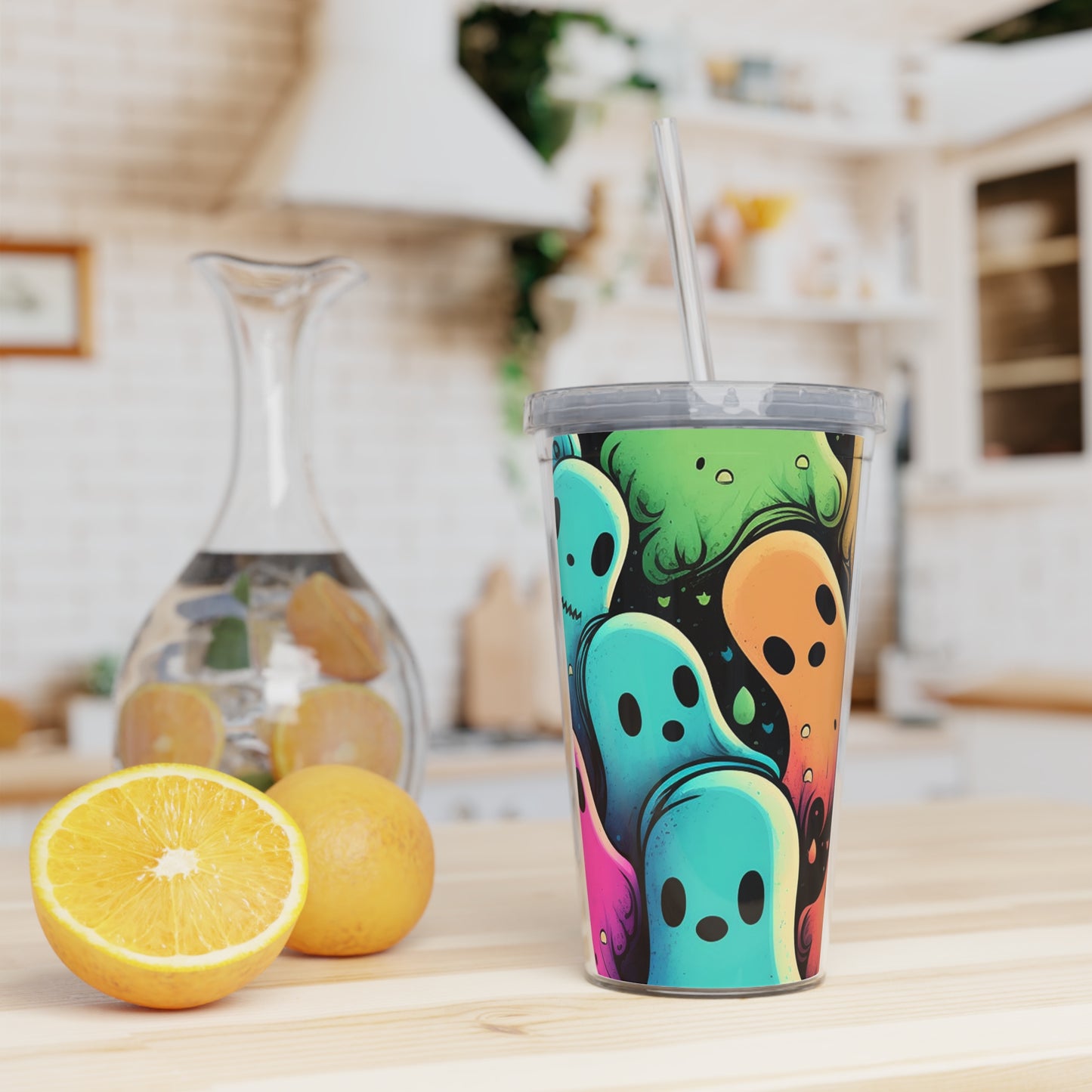 Ghost Crew Plastic Tumbler with Straw — Colorful Cute Ghosts Travel Cup