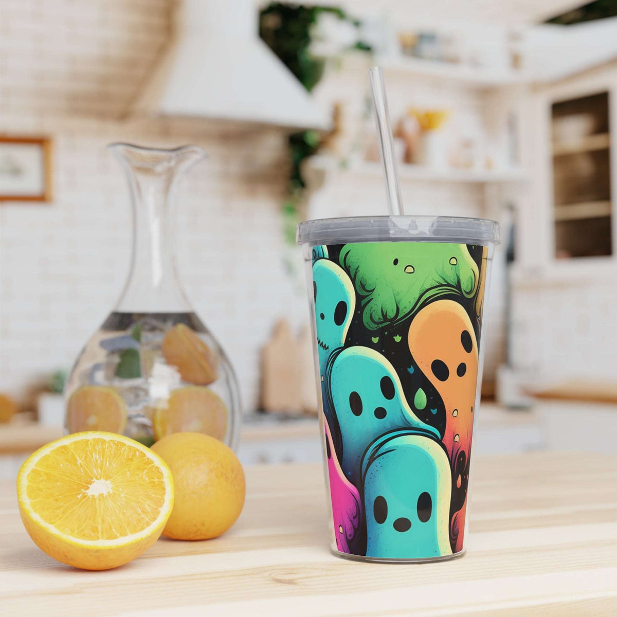 Ghost Crew Plastic Tumbler with Straw — Colorful Cute Ghosts Travel Cup