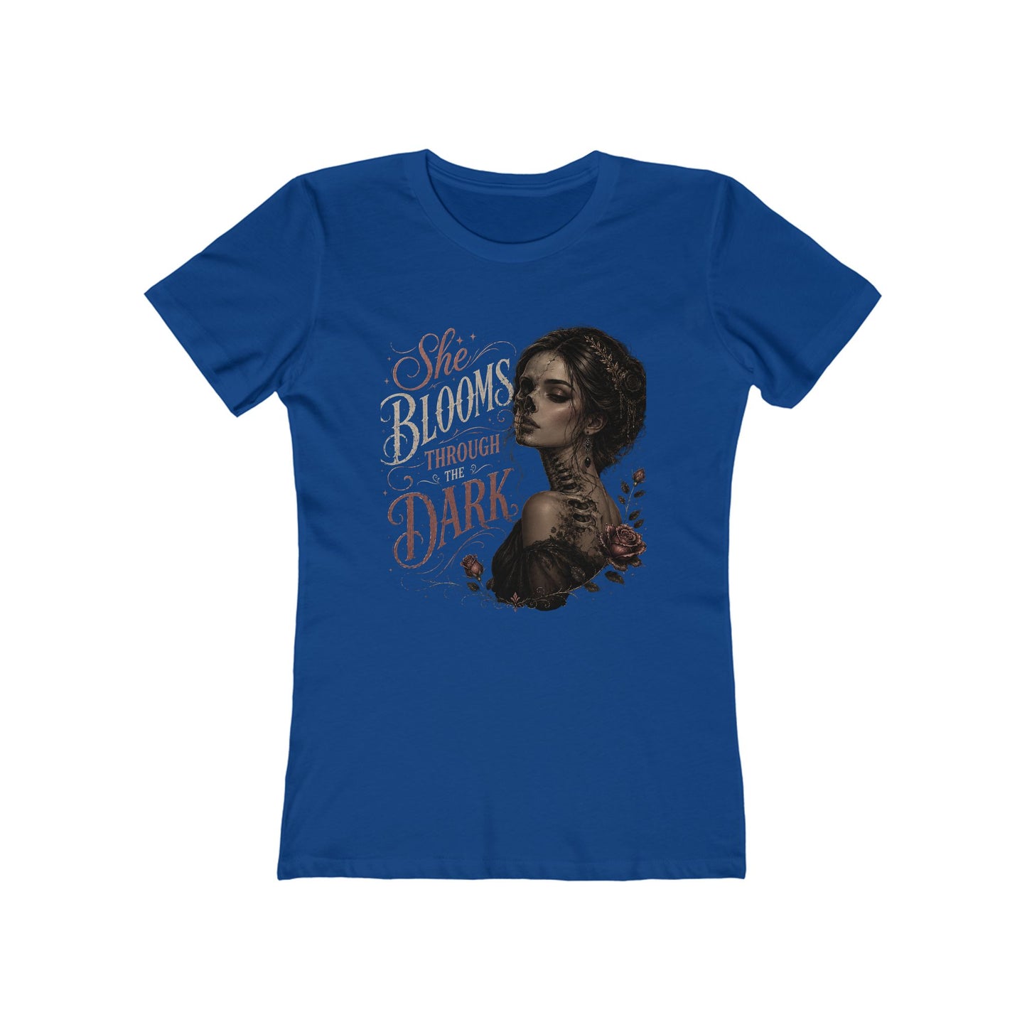 She Blooms Through the Dark Tee — Women's Graphic Boyfriend T-Shirt