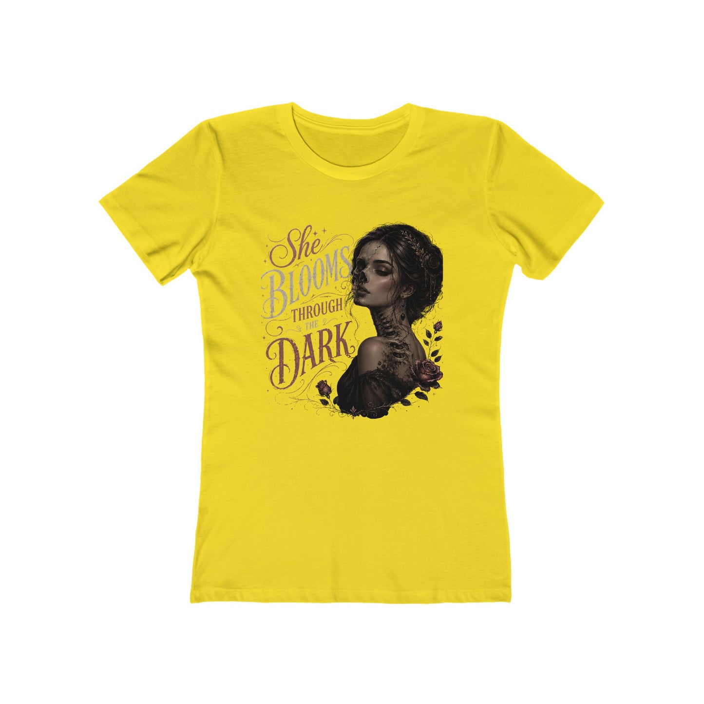 She Blooms Through the Dark Tee — Women's Graphic Boyfriend T-Shirt