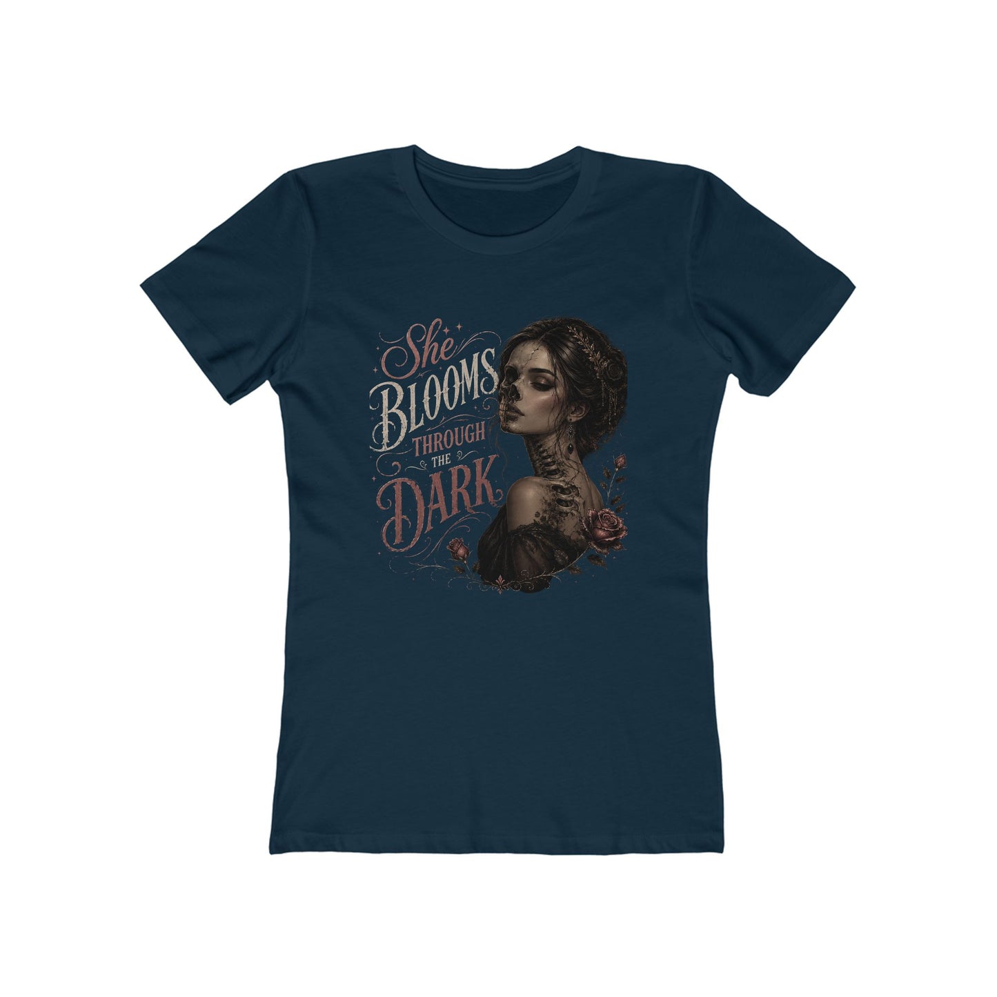 She Blooms Through the Dark Tee — Women's Graphic Boyfriend T-Shirt