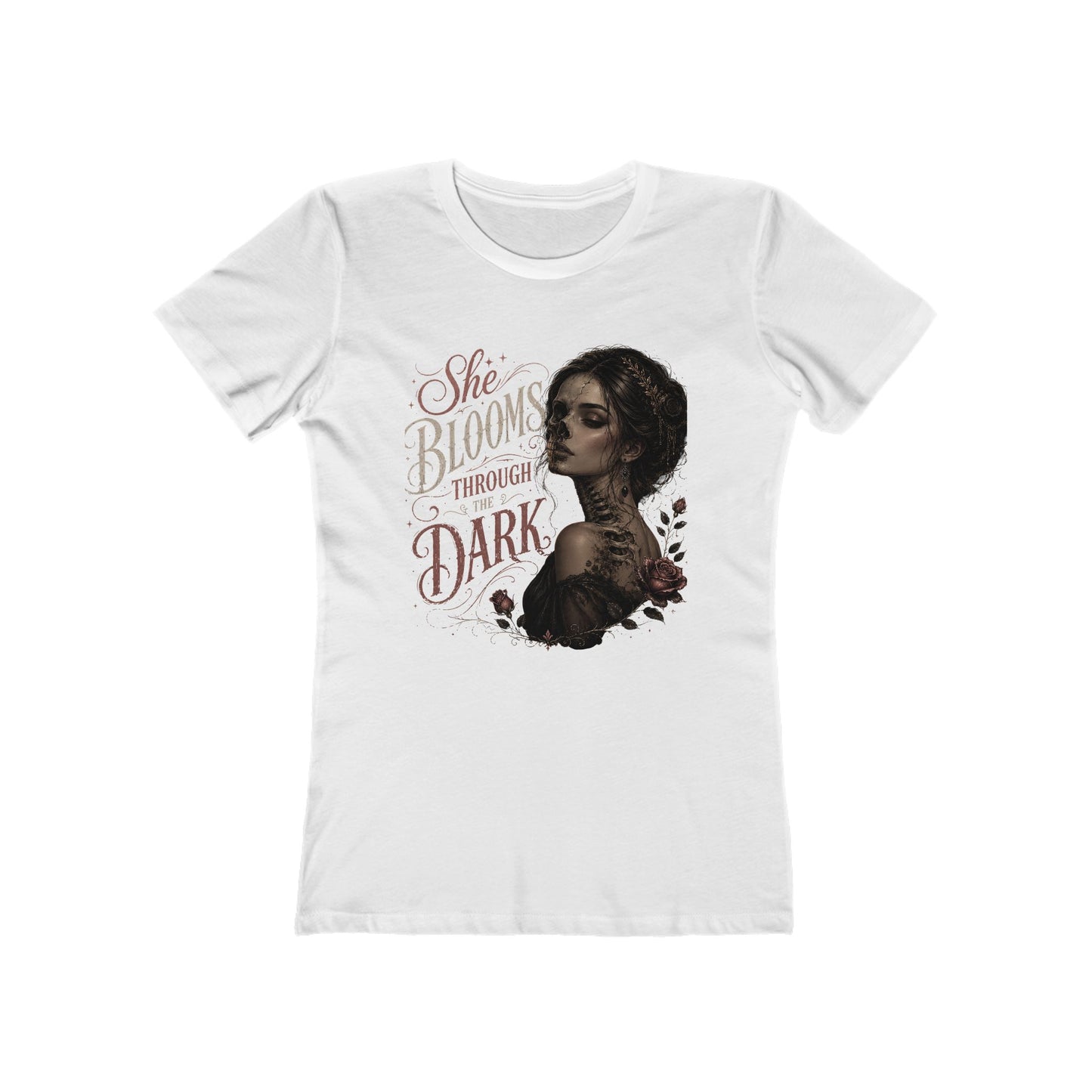 She Blooms Through the Dark Tee — Women's Graphic Boyfriend T-Shirt
